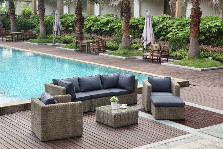 Mobilier de jardin en résine tressée gris avec coussin déhoussable gris anthracite, design rustique et déperlant