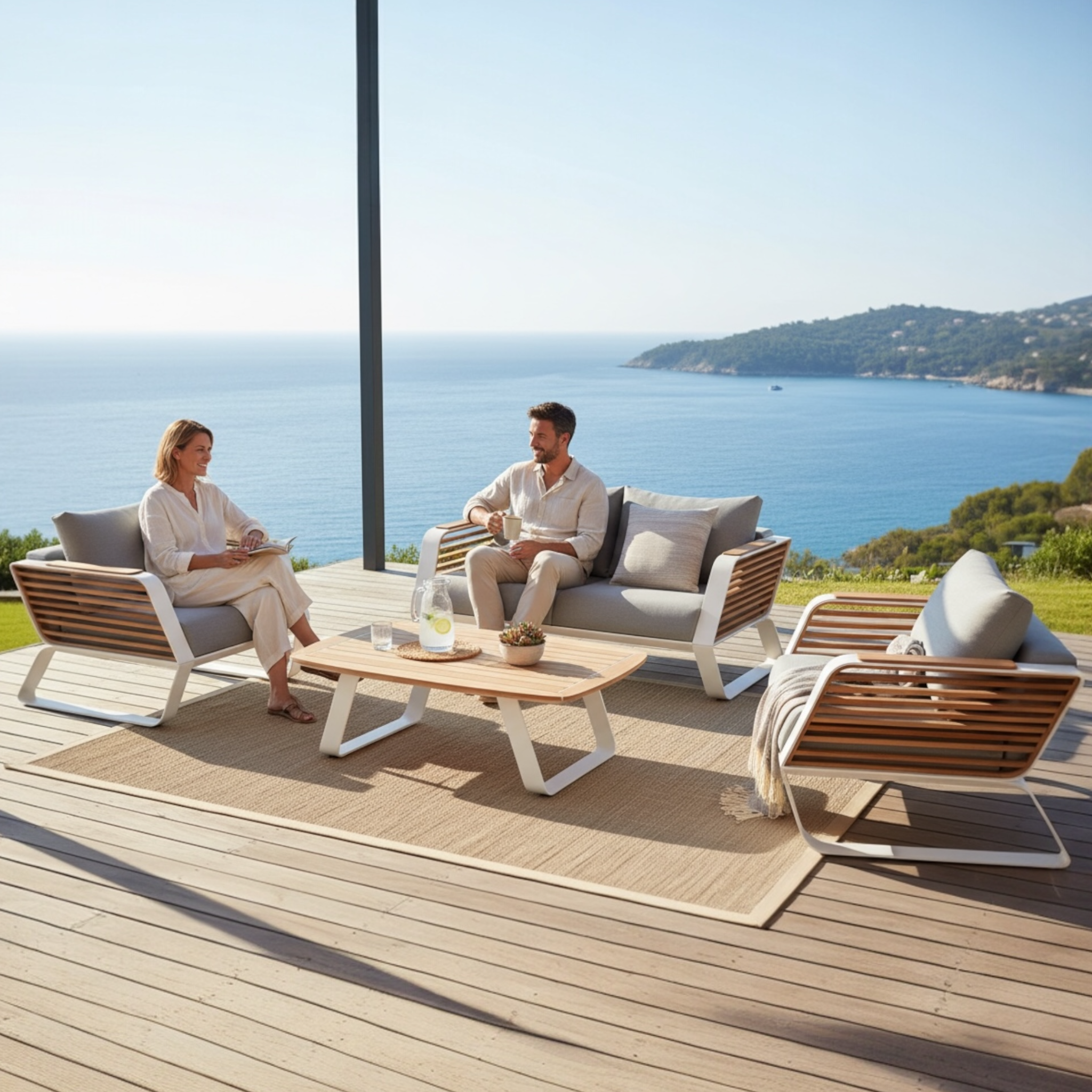 Salon de jardin AILY MINI en aluminium blanc, teck naturel et coussins gris.