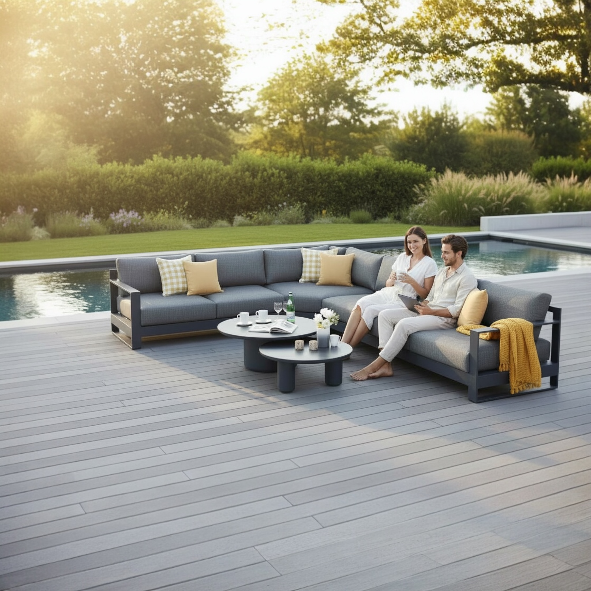 Salon de jardin modulable en aluminium haut de gamme noir avec coussins en tissu oléfine Sunproof gris, design luxe.