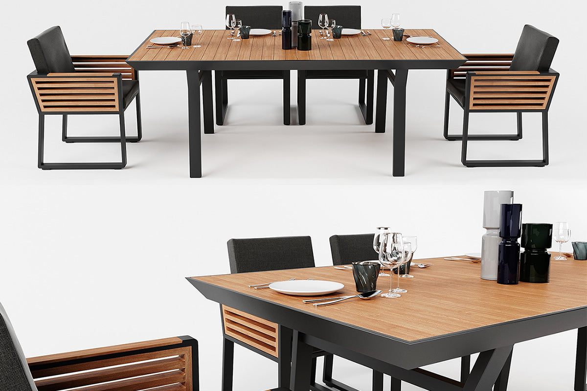 Ensemble repas 6 places luxe en aluminium noir et teck FSC, chaises avec accoudoirs en teck, coussins déhoussables en tissu.
