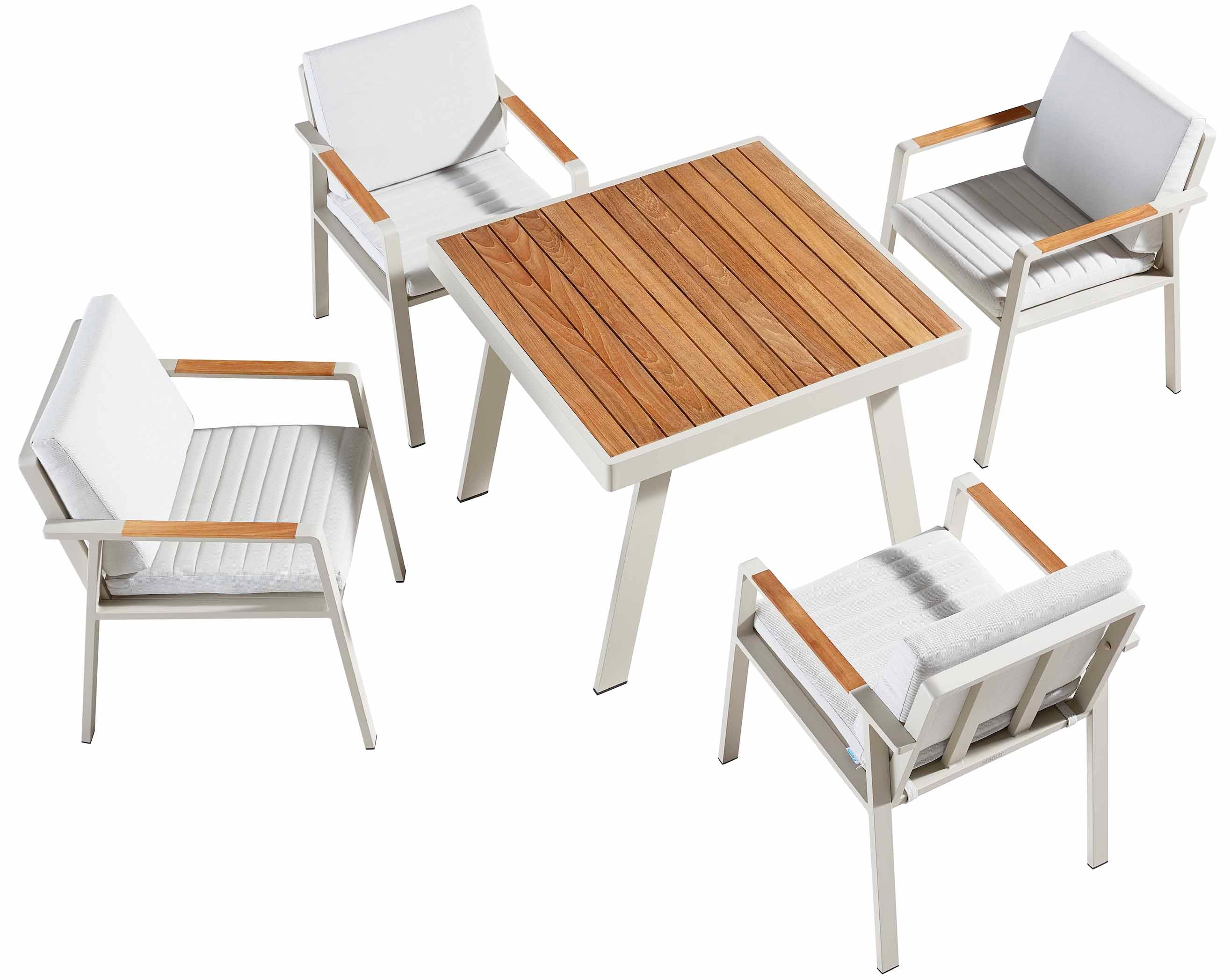 Ensemble repas 4 places en aluminium haut de gamme blanc et teck FSC, chaises avec coussins en tissu oléfine gris clair.
