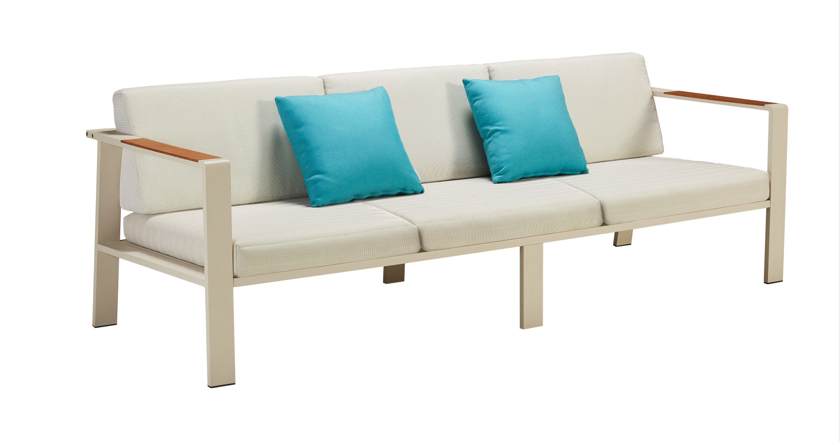 Canapé 3 places en aluminium haut de gamme beige avec accoudoirs en teck FSC, coussins en tissu oléfine déperlant.