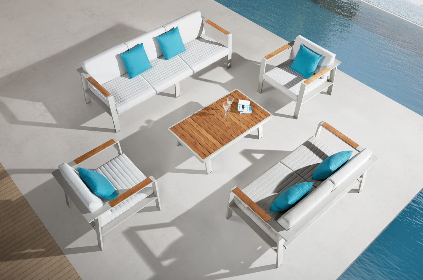 Salon de jardin luxe 7 places en aluminium haut de gamme blanc, coussins en tissu oléfine bleu, table basse en teck FSC.