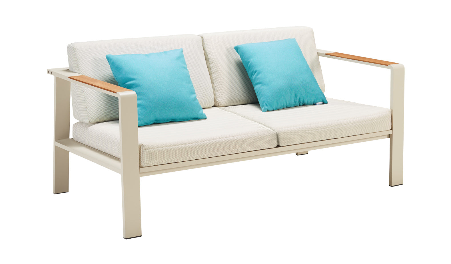 Canapé 2 places en aluminium haut de gamme beige avec accoudoirs en teck FSC, coussins en tissu oléfine blanc cassé.