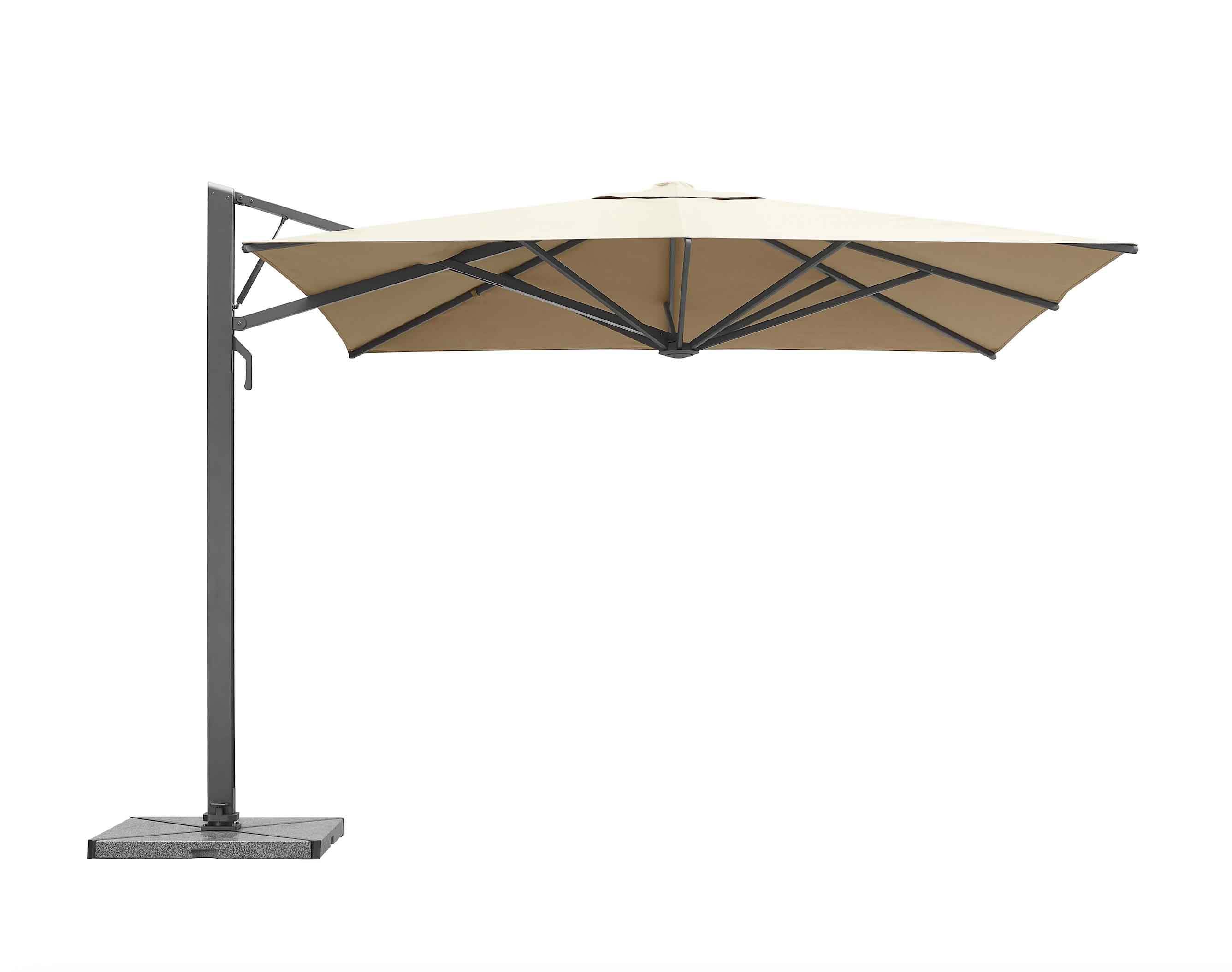 Parasol contemporain gris en aluminium avec toile beige en tissu acrylique, design élégant et durable