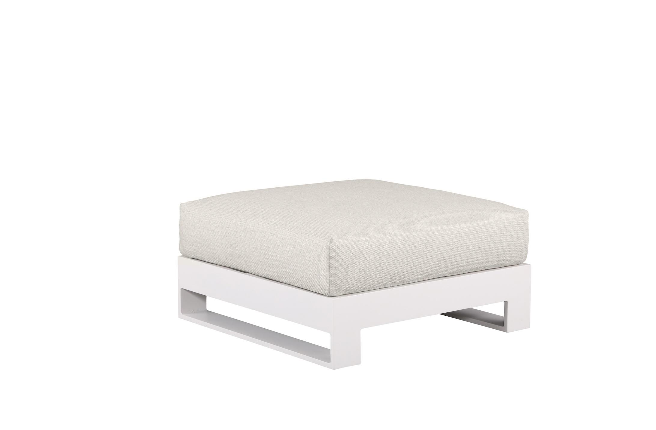 Repose-pied blanc en aluminium haut de gamme avec coussin épais en tissu oléfine Sunproof, design modulable et luxe.