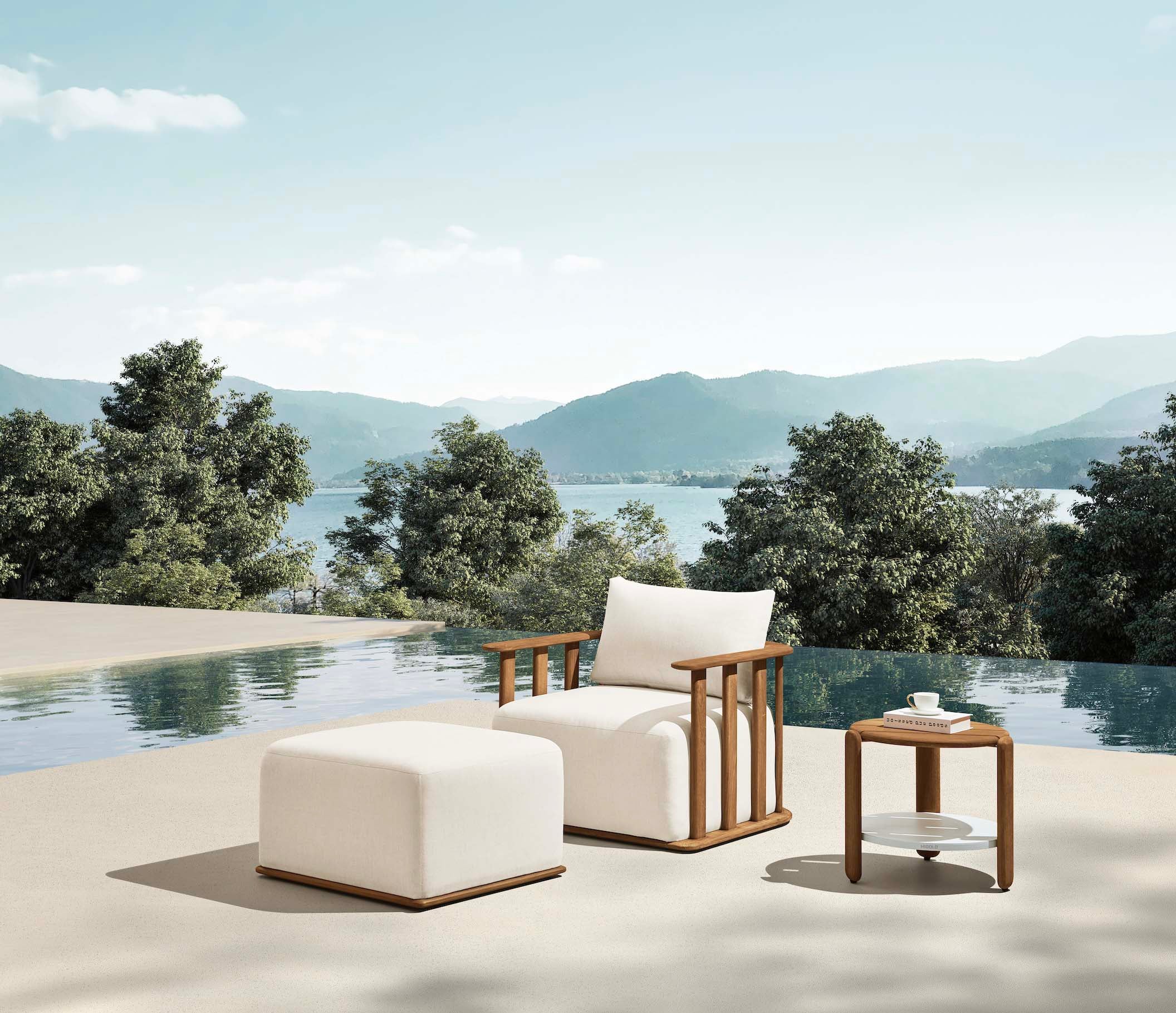 Pouf extérieur en teck FSC massif aux lignes épurées de designer italien, coussin en tissu acrylique déperlant, housse.