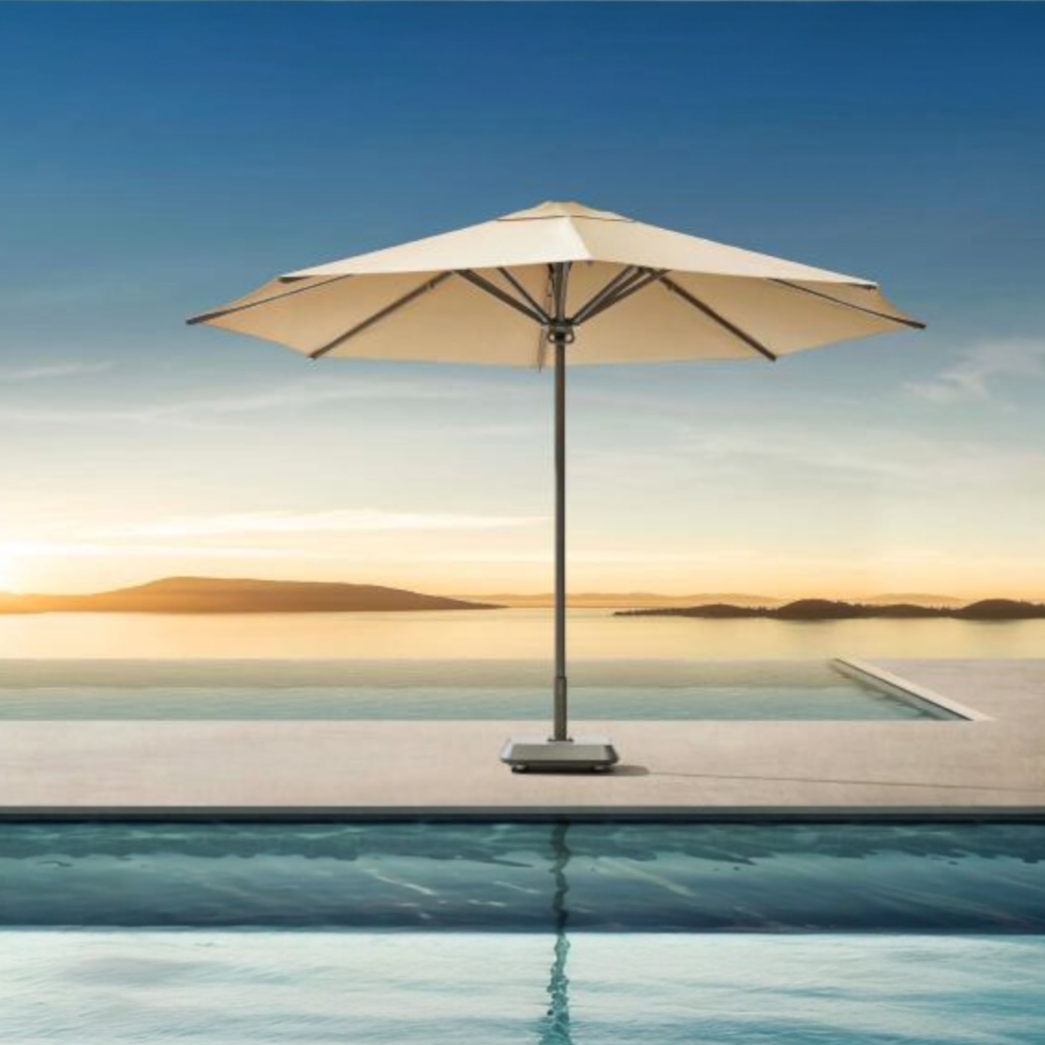 Parasol droit LOLI beige avec large toile ronde et mât central en aluminium