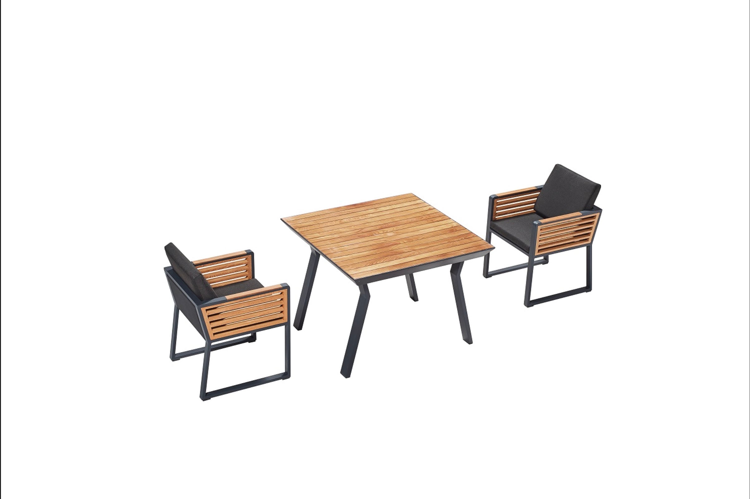 Ensemble repas 4 places luxe en aluminium noir et teck FSC, chaises avec coussins déhoussables en tissu 100% Oléfine.