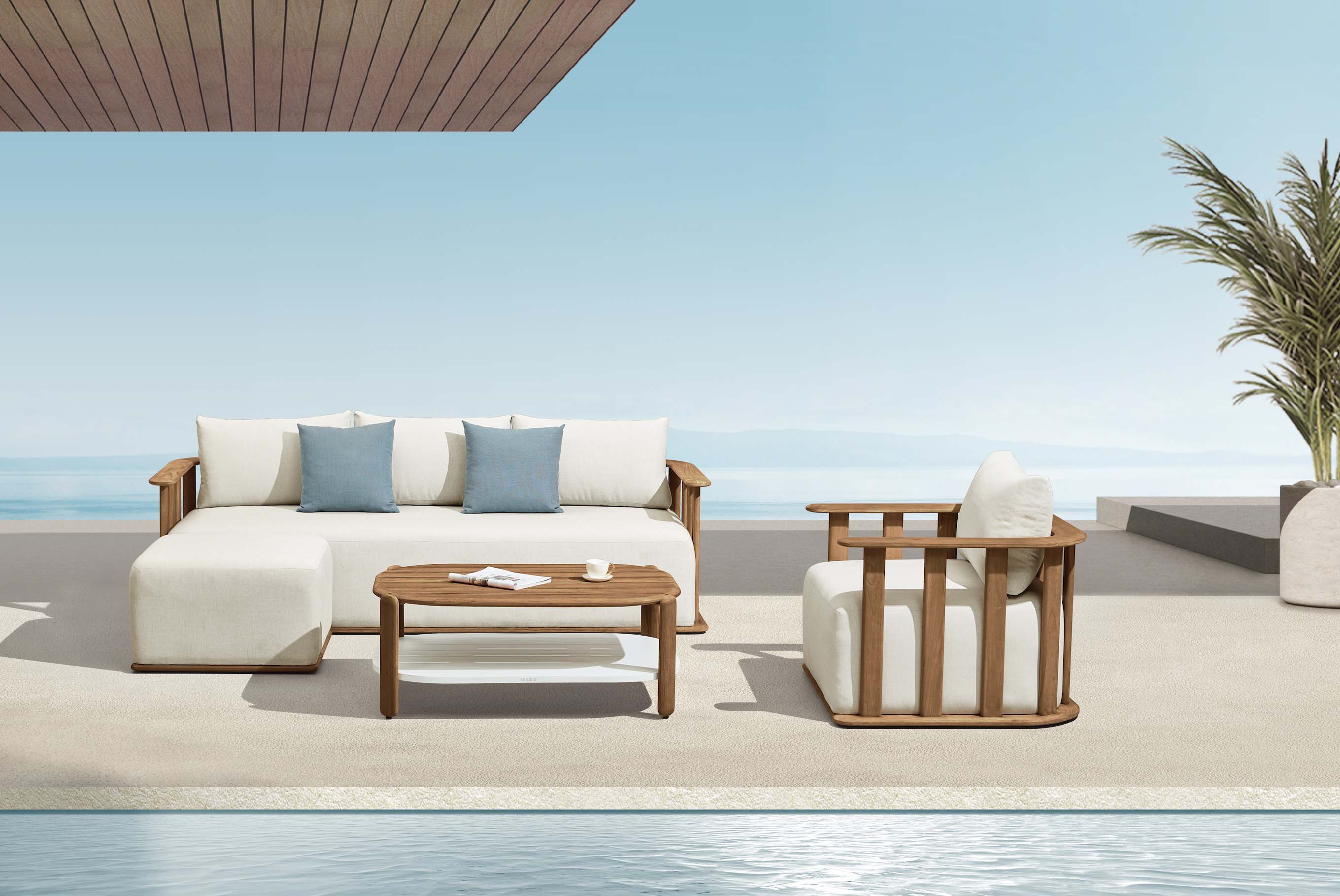 Pouf extérieur en teck FSC massif au design italien, tissu acrylique déperlant et housse déhoussable, style luxe.