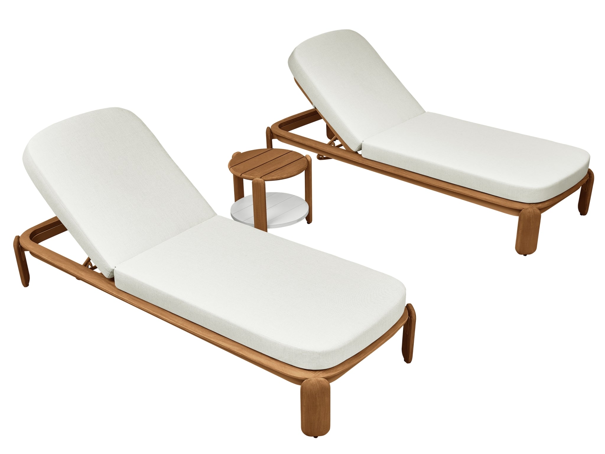 Duo de bains de soleil en teck FSC massif au design italien, coussins en tissu acrylique blanc déperlant avec housse.