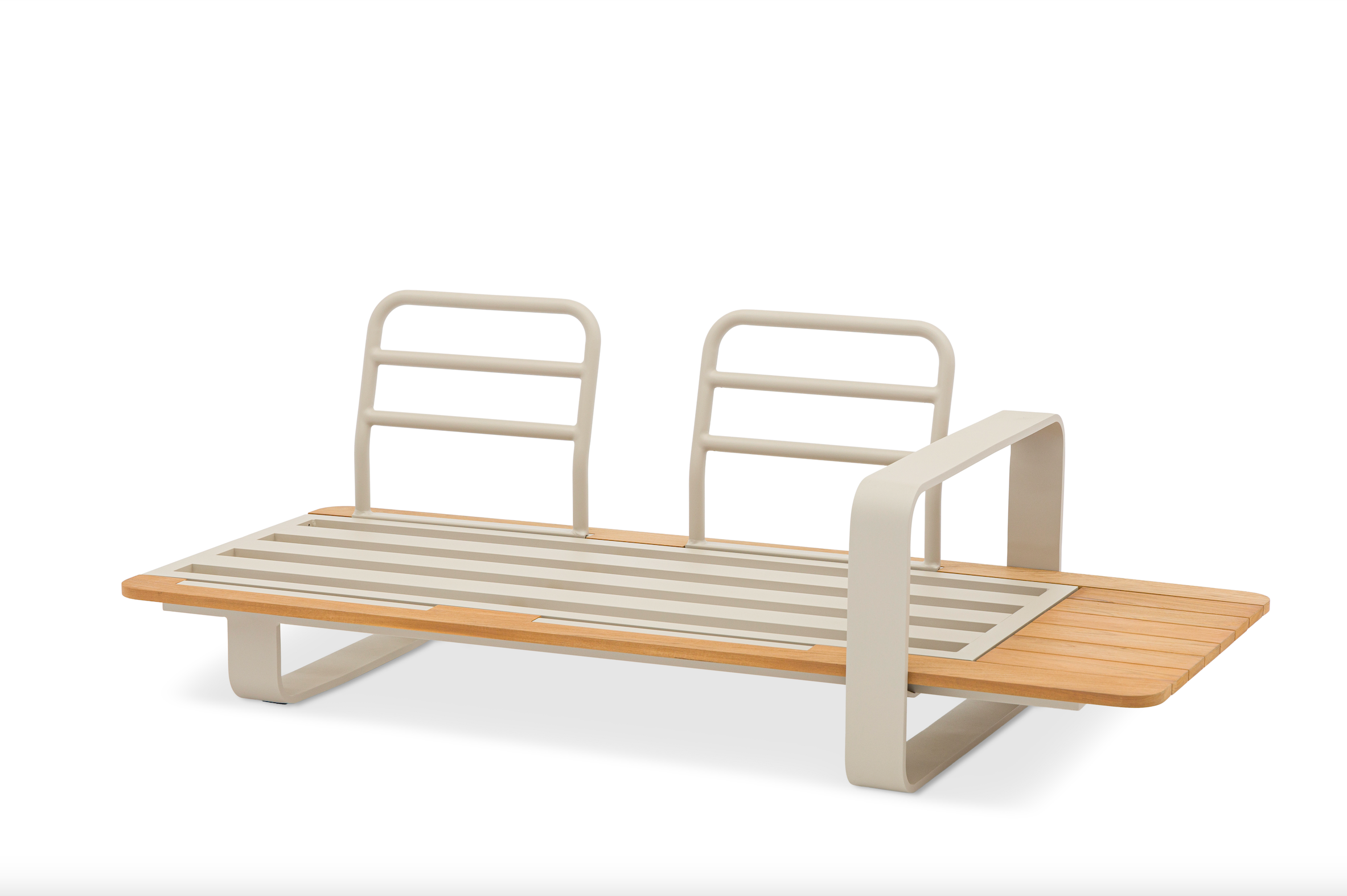 Banquette ROMEO beige en aluminium et teck, vue latérale