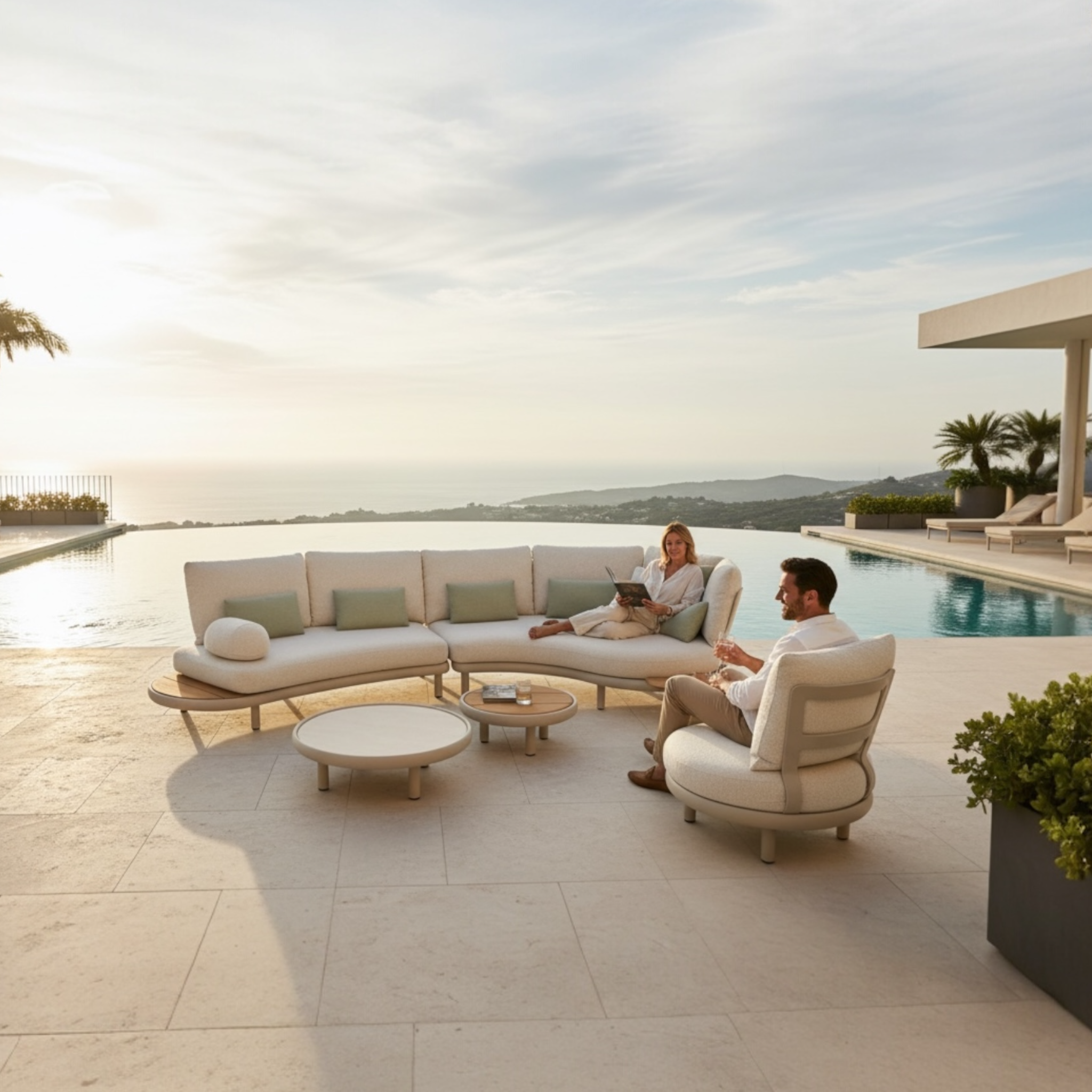 Ensemble lounge ROSA en aluminium thermolaqué avec tissu molletonné, canapé d'angle et fauteuil haut de gamme