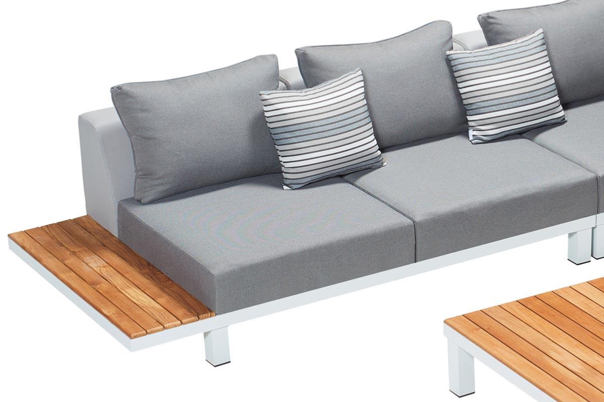 Salon de jardin en aluminium design blanc avec assise en tissu Oléfine 100% polypropylène gris, structure en teck FSC traité.