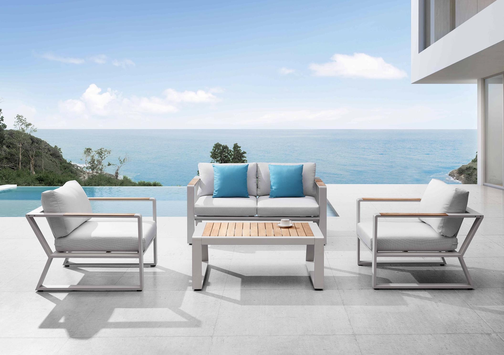 Salon de jardin design innovant en aluminium haut de gamme avec peinture epoxy, assises en tissu fibre oléfine beige, table.