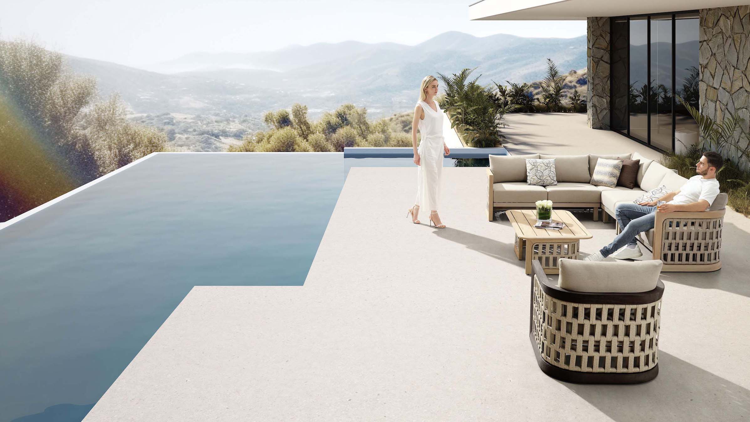 Salon de jardin luxe en teck FSC et corde déperlante, coussins fibre acrylique déhoussables beige, design méditerranéen.