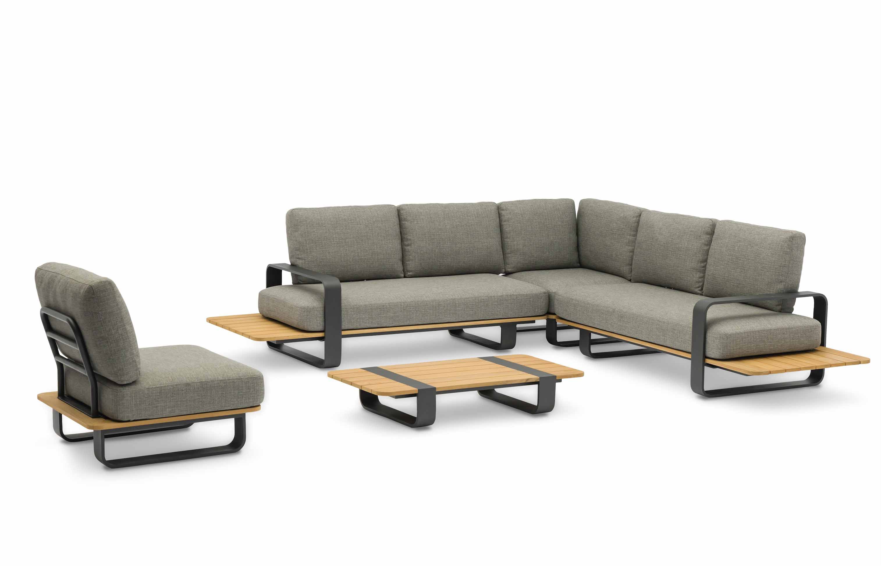 Salon d'angle luxueux en aluminium design gris anthracite avec structure en teck FSC et coussins en tissu 100% Sunproof.