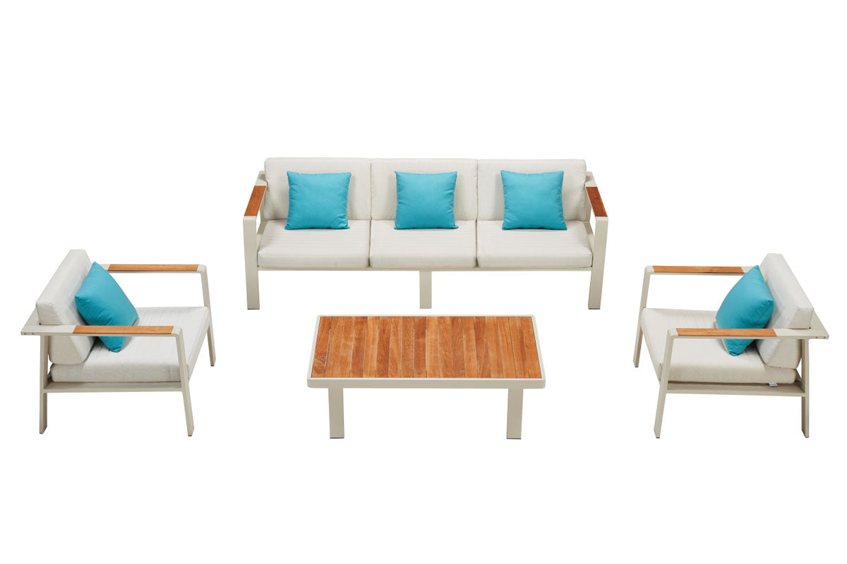 Salon de jardin 5 places en aluminium haut de gamme et teck FSC, design luxe méditerranéen avec tissu oléfine beige.