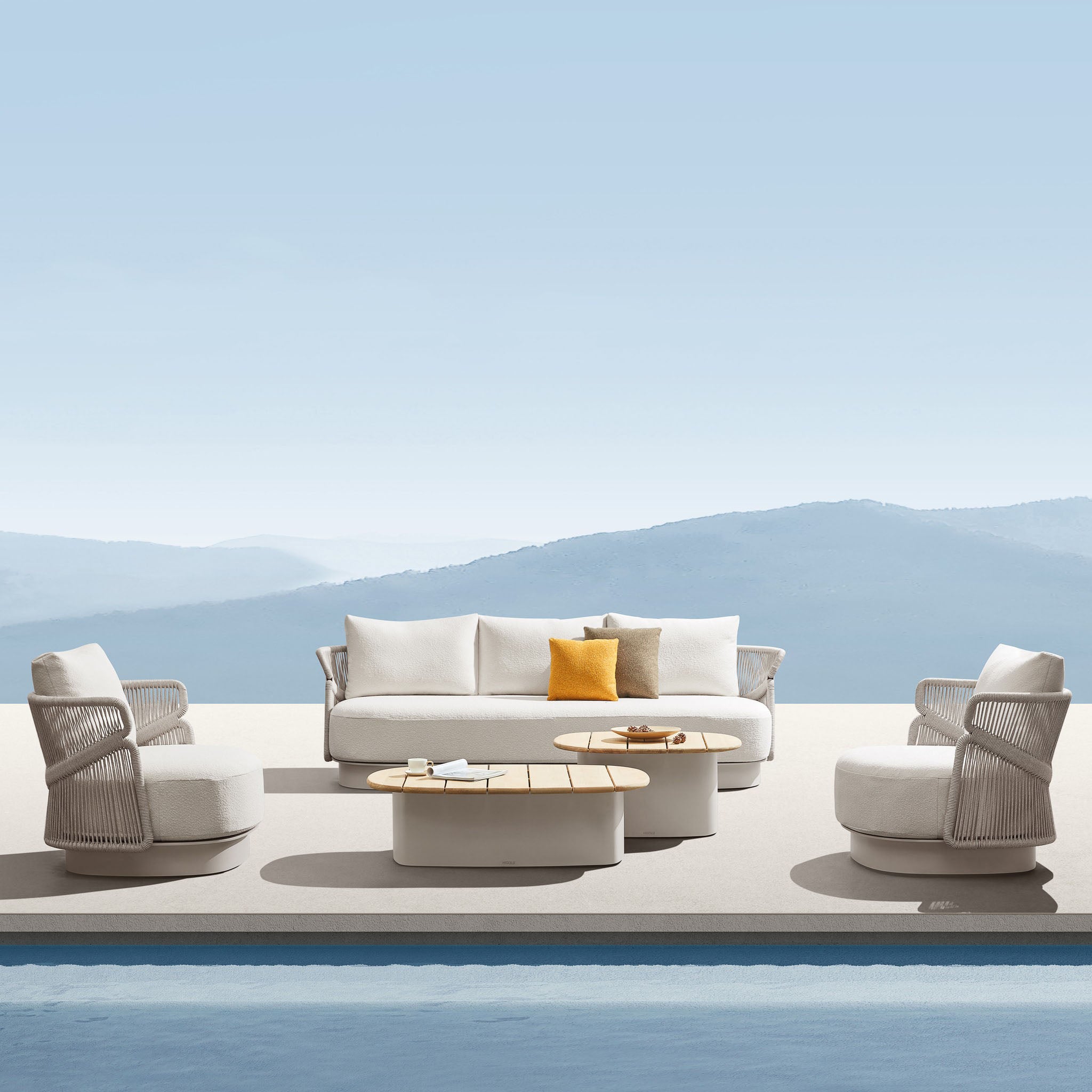 Salon de jardin luxueux en aluminium beige et corde tressée, coussins oléfine crème, table basse ronde avec plateau Teck.