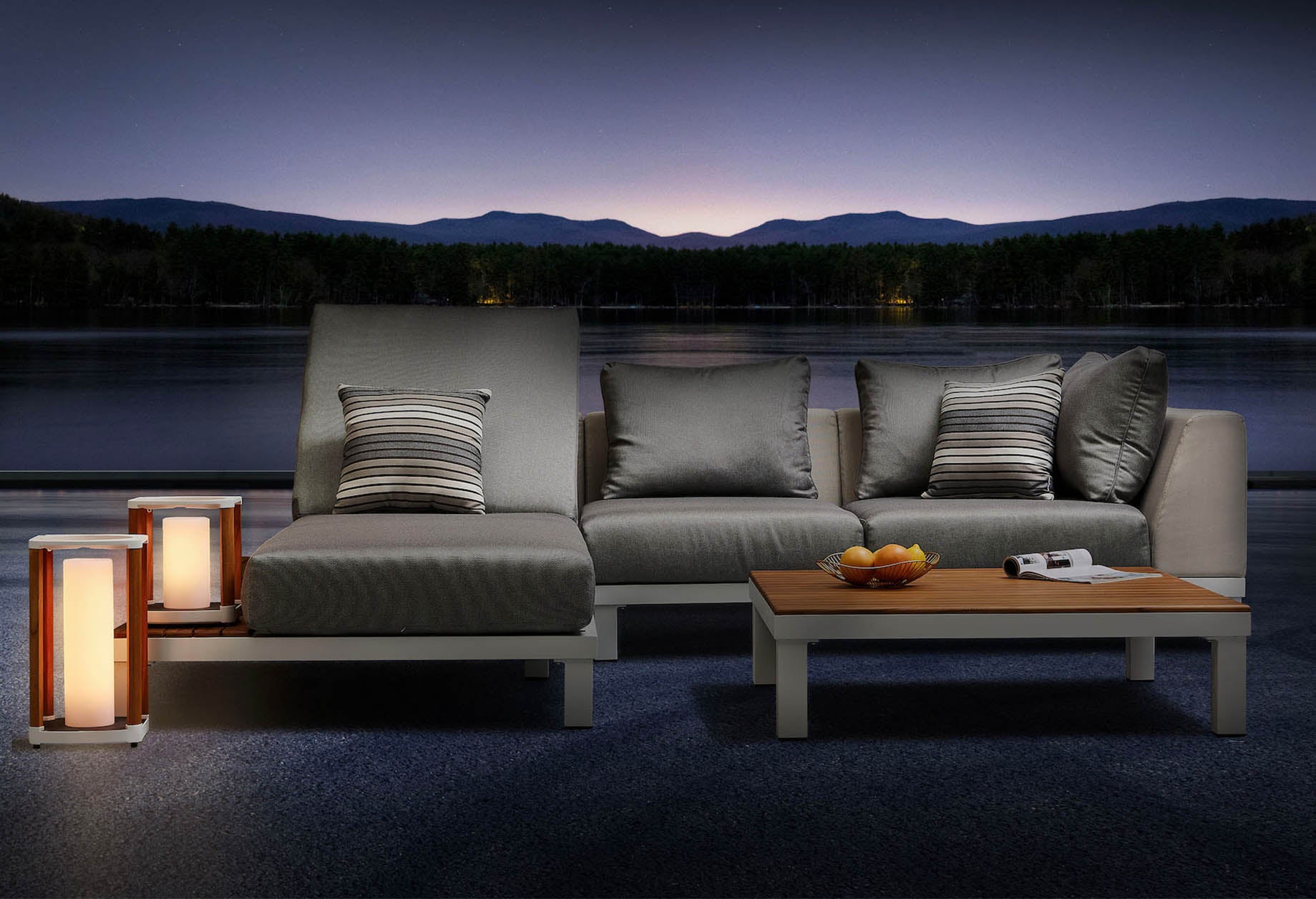 Salon de jardin en aluminium design gris et teck FSC, canapé d’angle avec coussins en tissu Oléfine 100% polypropylène gris.