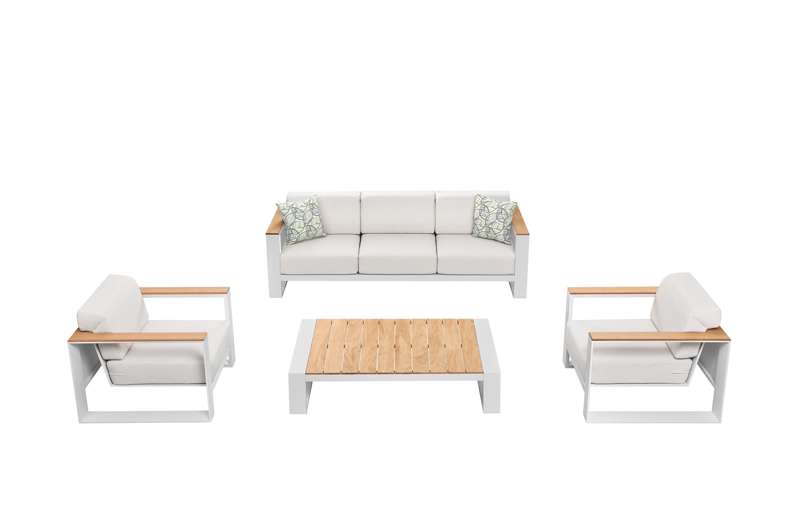 Canapé modulable 5 places en aluminium blanc et Teck SFC avec coussins en tissu acrylique déperlant et déhoussable, design.