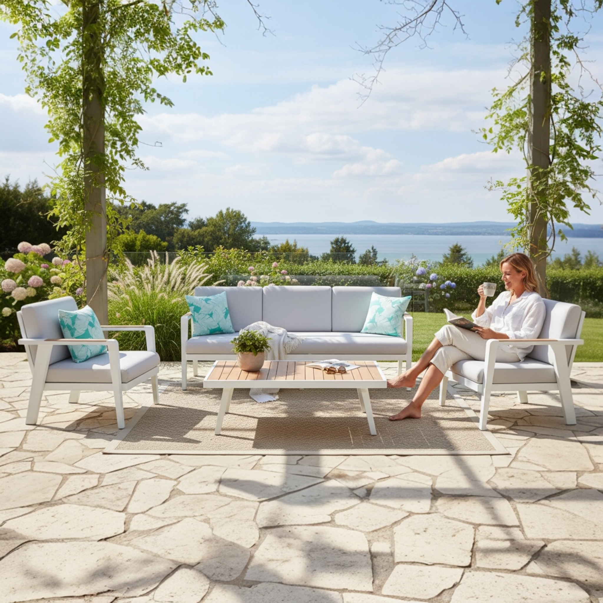 Salon de jardin en aluminium et en teck - LOVY BLANC