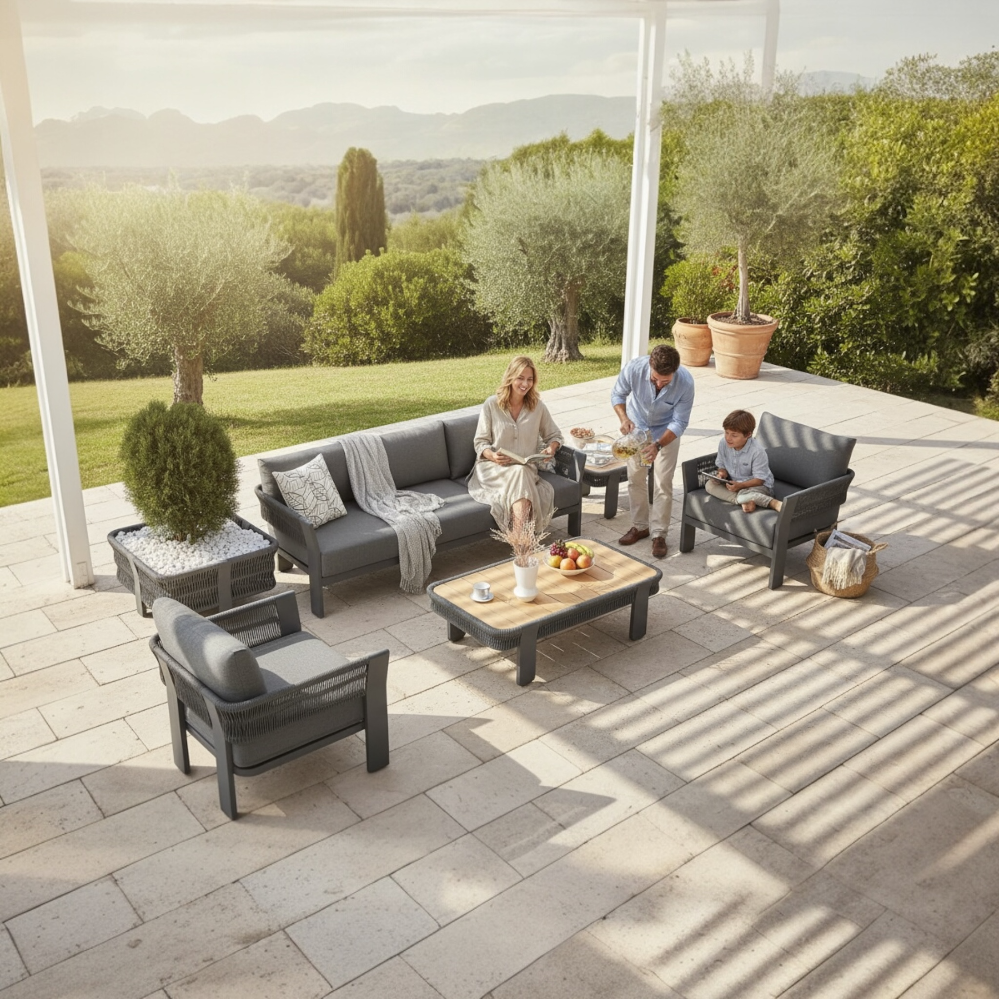 Salon de jardin design en aluminium et corde 5places - OLBY NOIR