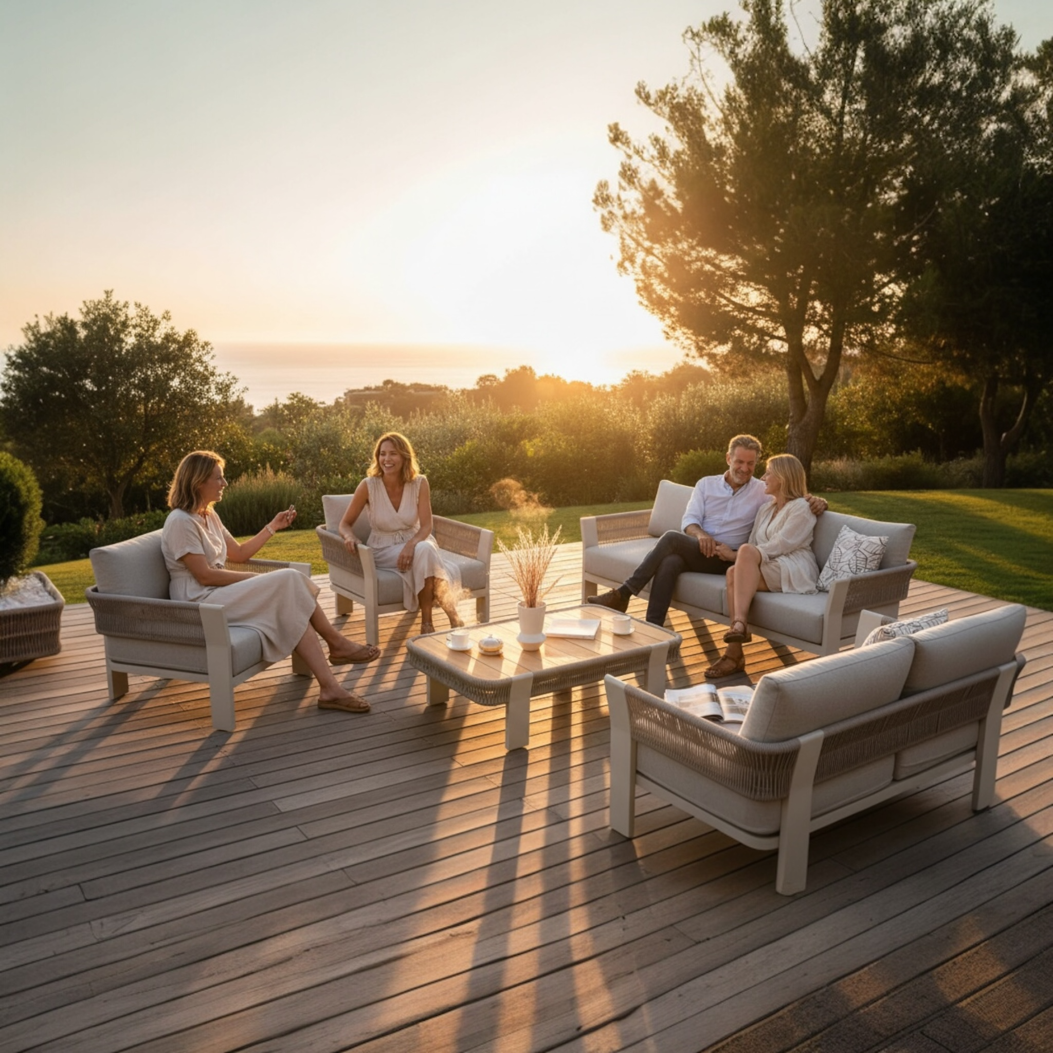 Salon de jardin design en aluminium et corde 7 places - OLBY XL