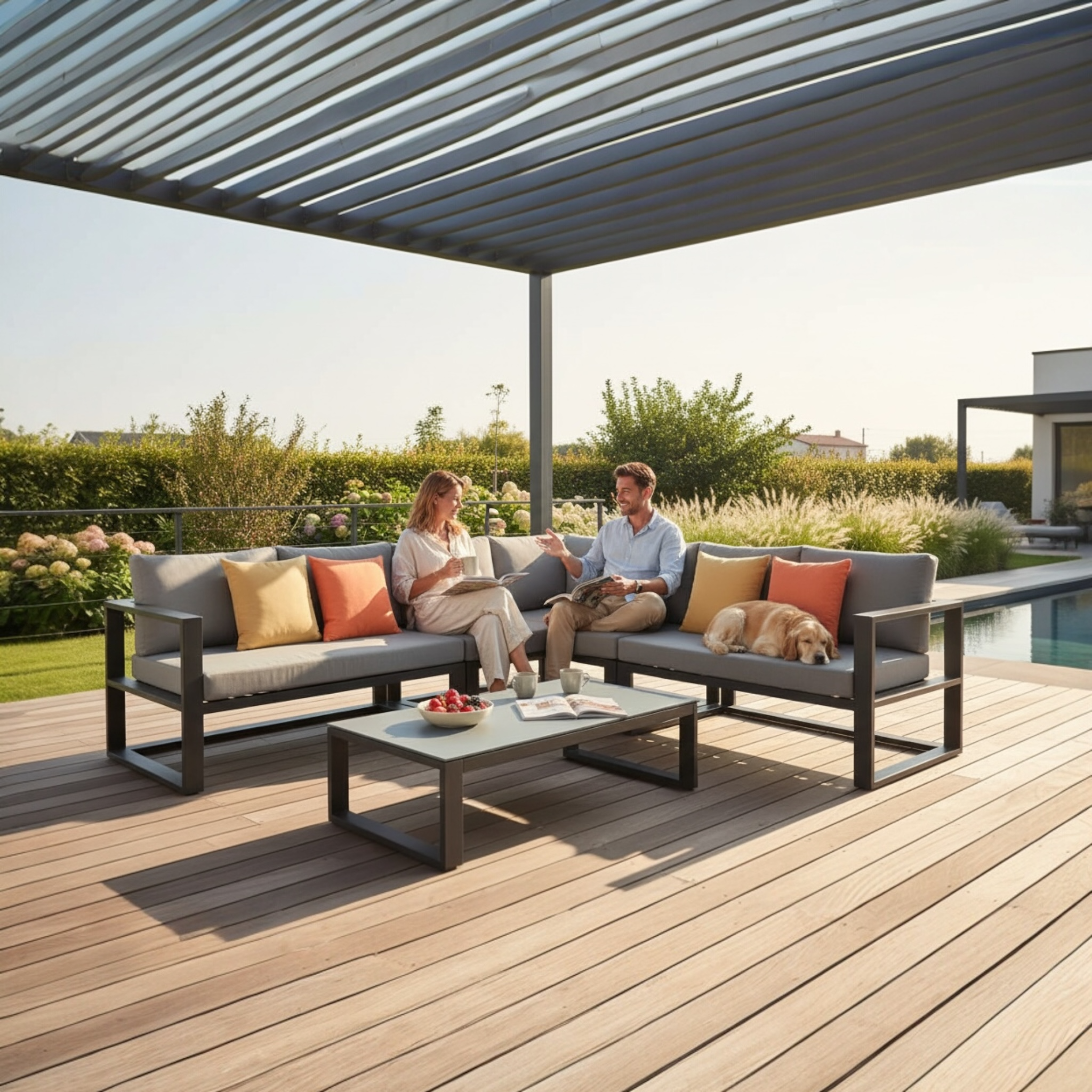 Salon de jardin modulable haut de gamme en aluminium noir mat, design élégant méditerranéen avec canapés et table basse.