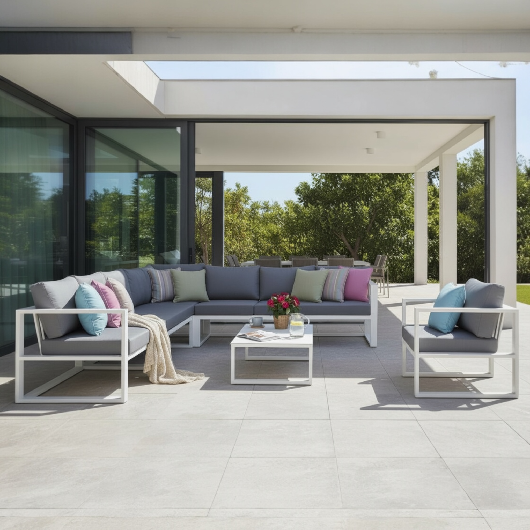 Salon de jardin modulable haut de gamme en aluminium blanc avec coussins gris et touches pastel, design élégant.