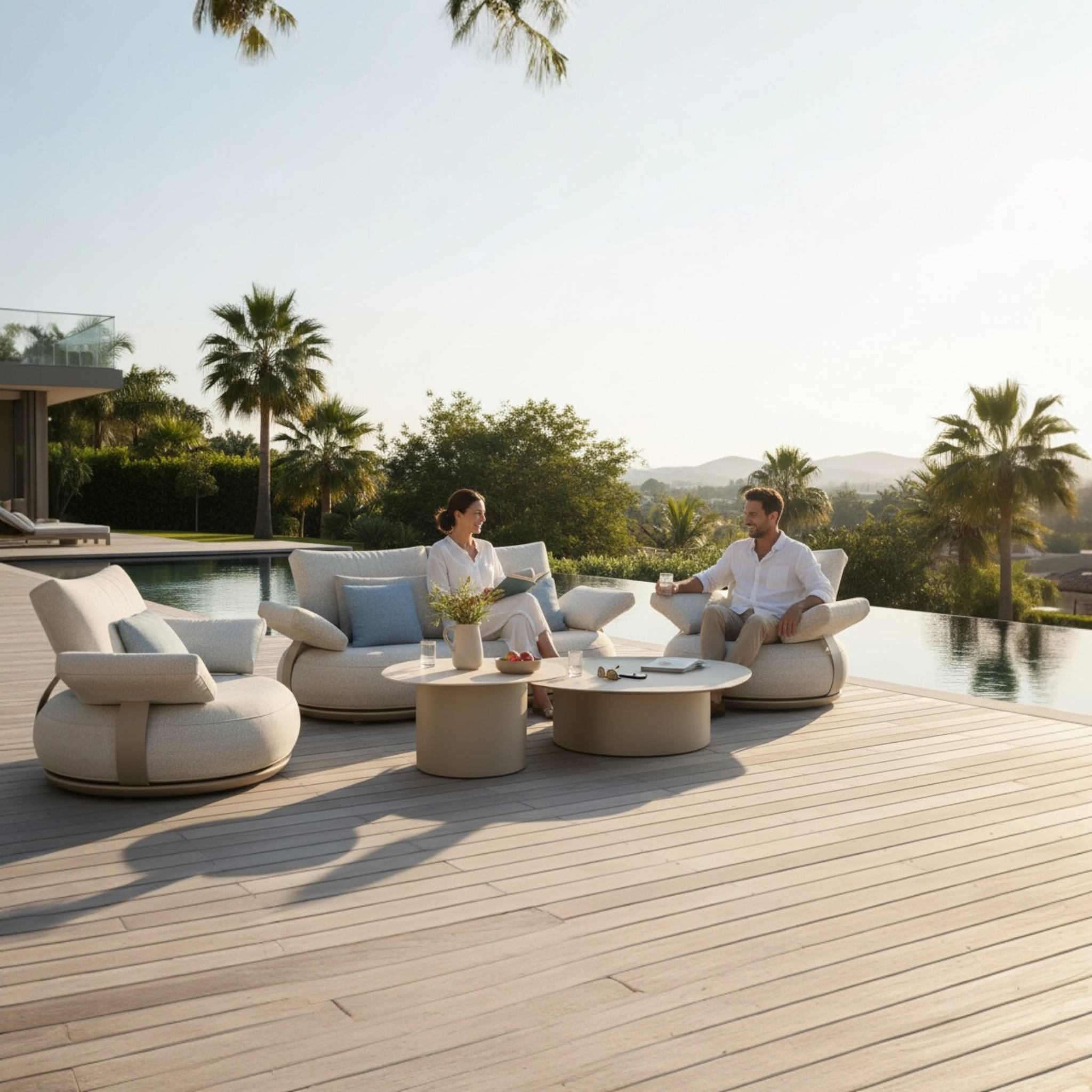 Salon de jardin modulable luxe 4 places en aluminium avec assises en tissu acrylique beige, design.