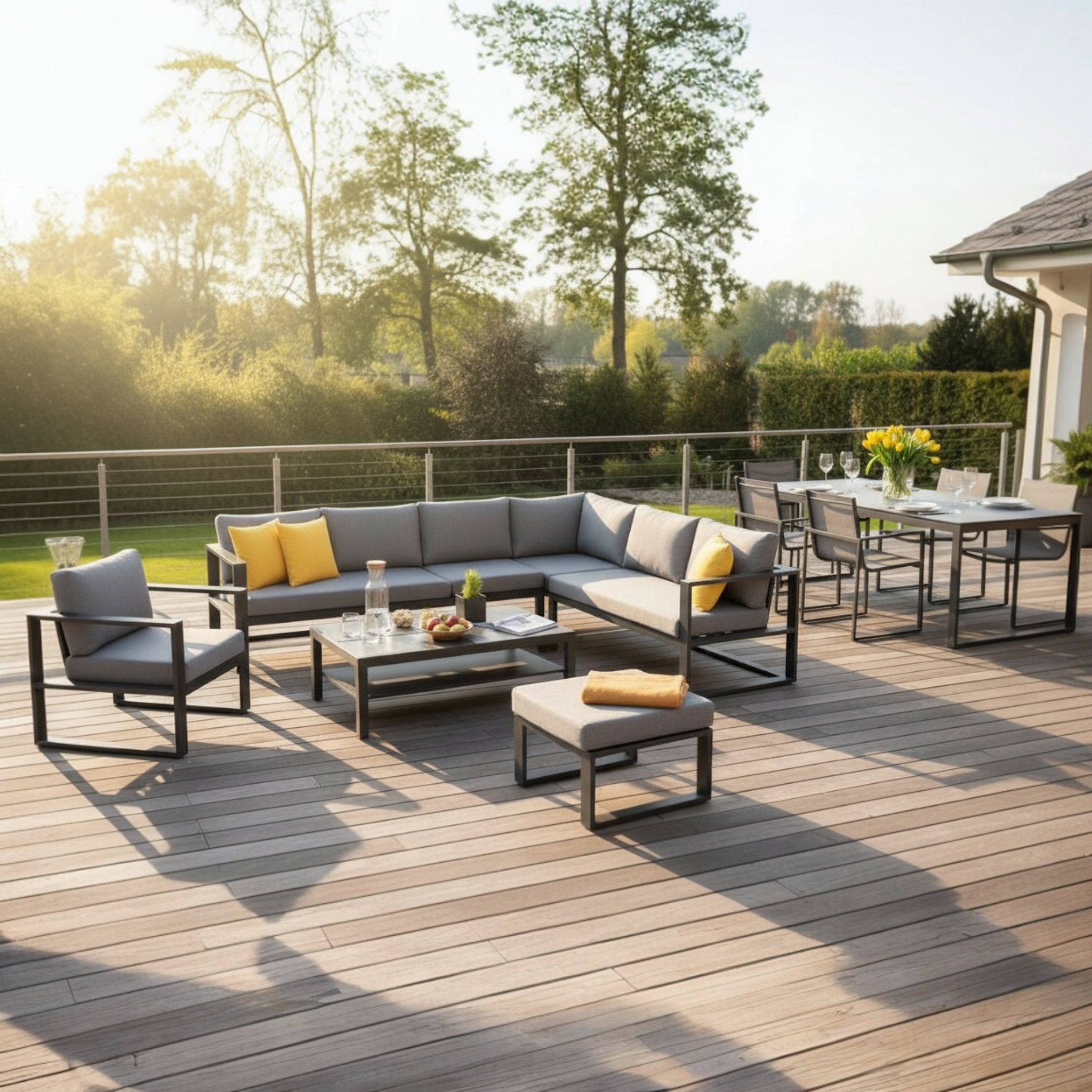 Méridienne gauche modulable en aluminium noir mat, coussins gris clair et jaunes, design haut de gamme élégant pour jardin.