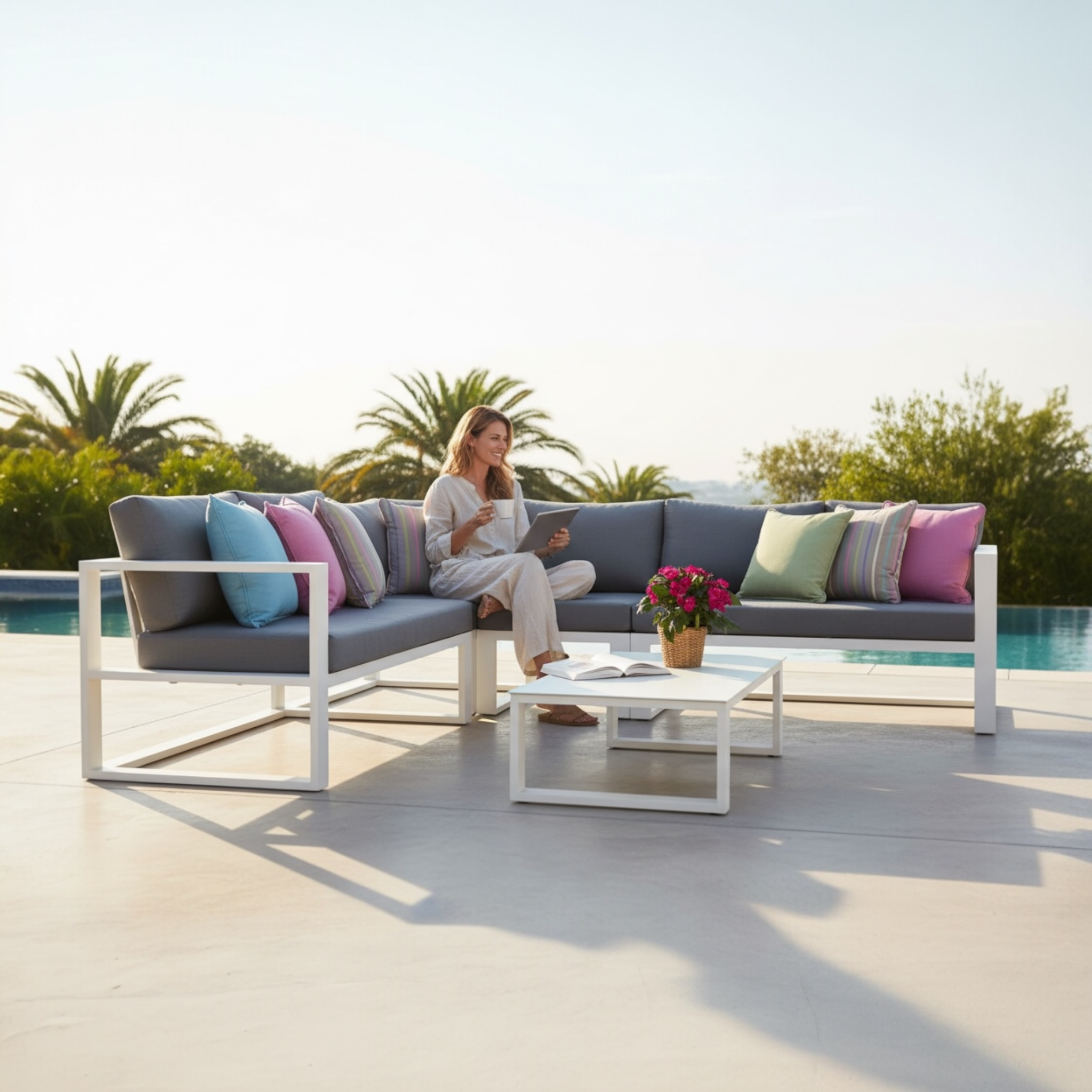 Fauteuil d’angle modulable en aluminium blanc haut de gamme avec coussins gris et décorations rose et vert, design élégant.