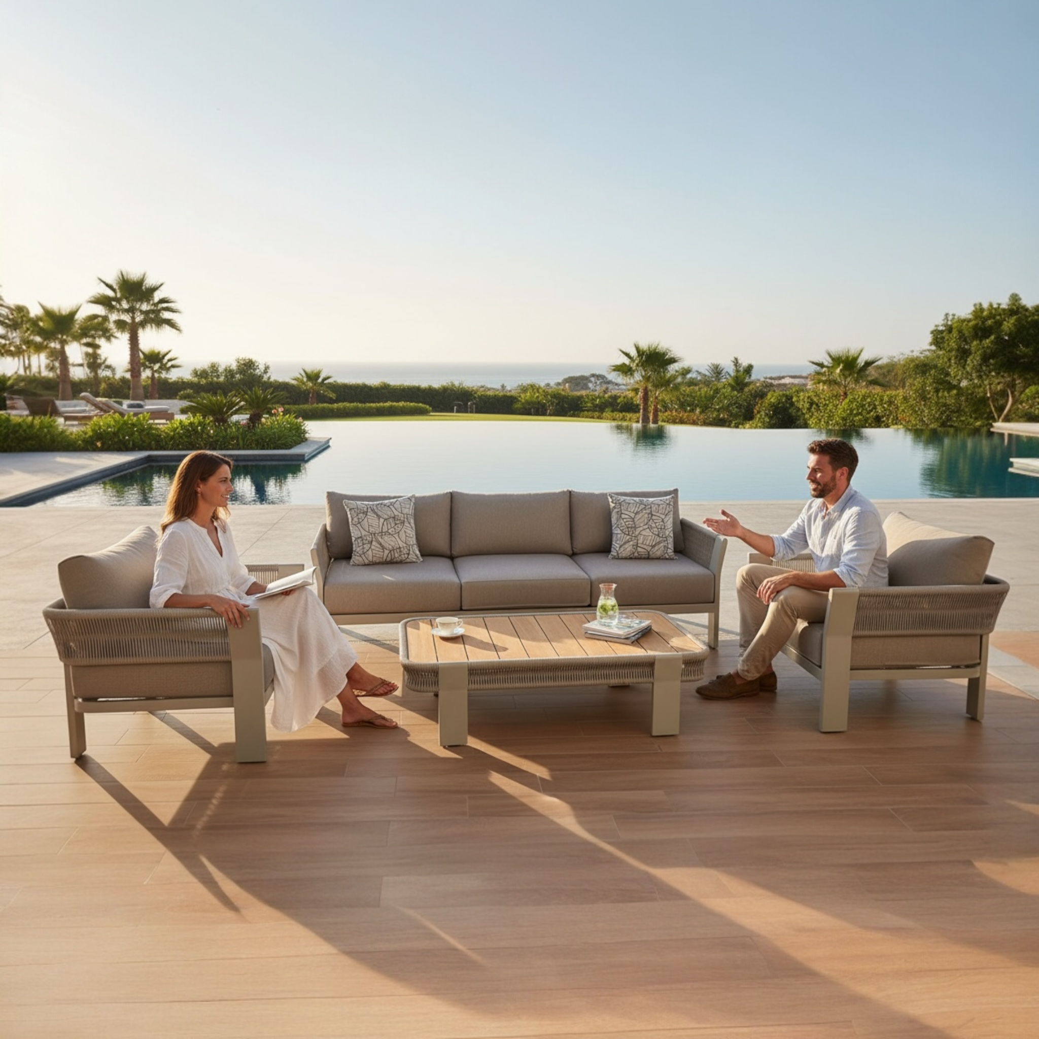 Salon de jardin moderne 5 places en aluminium avec corde tressée beige, accoudoirs en teck FSC, coussins déhoussables et déperlants.