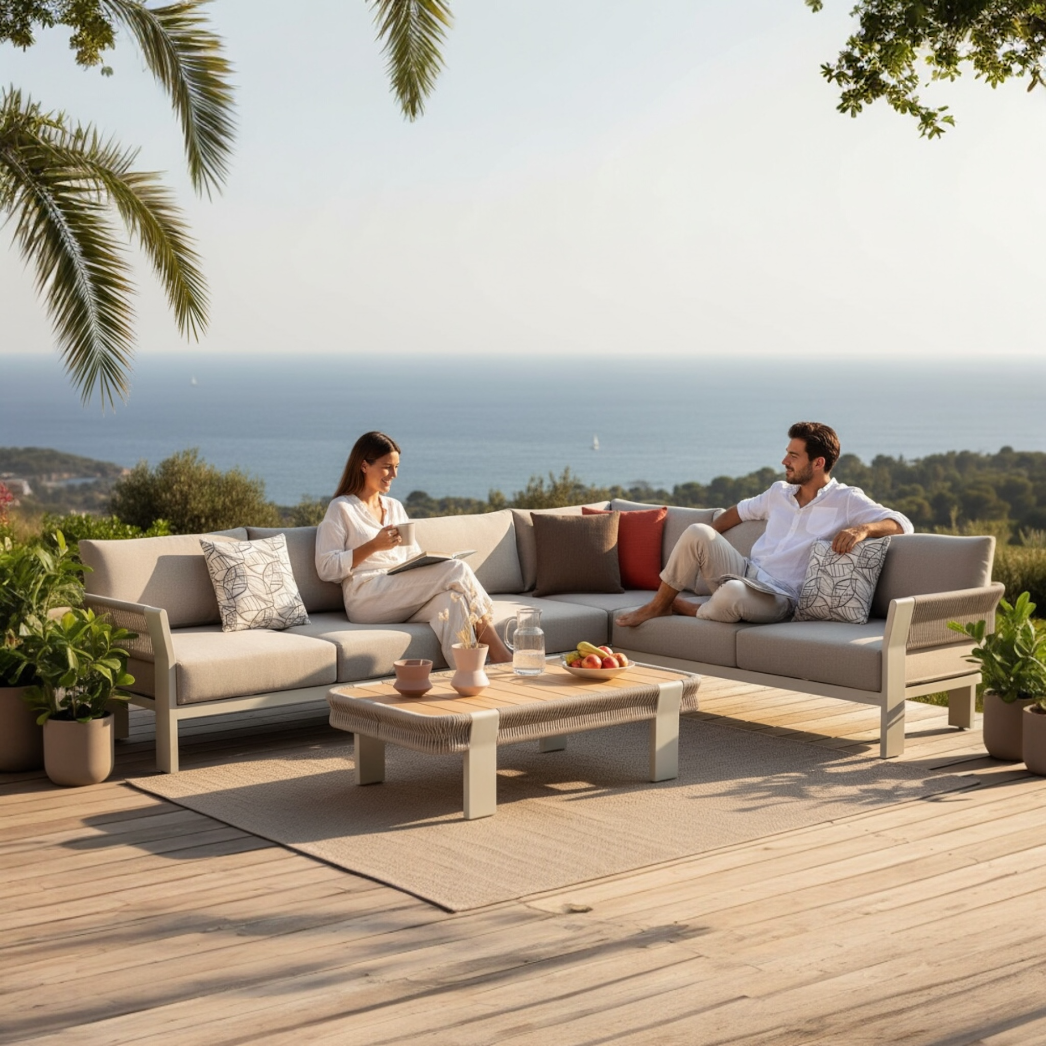 Canapé d'angle extérieur moderne en aluminium et corde tressée, coussins déhoussables déperlants beige, table basse en teck.