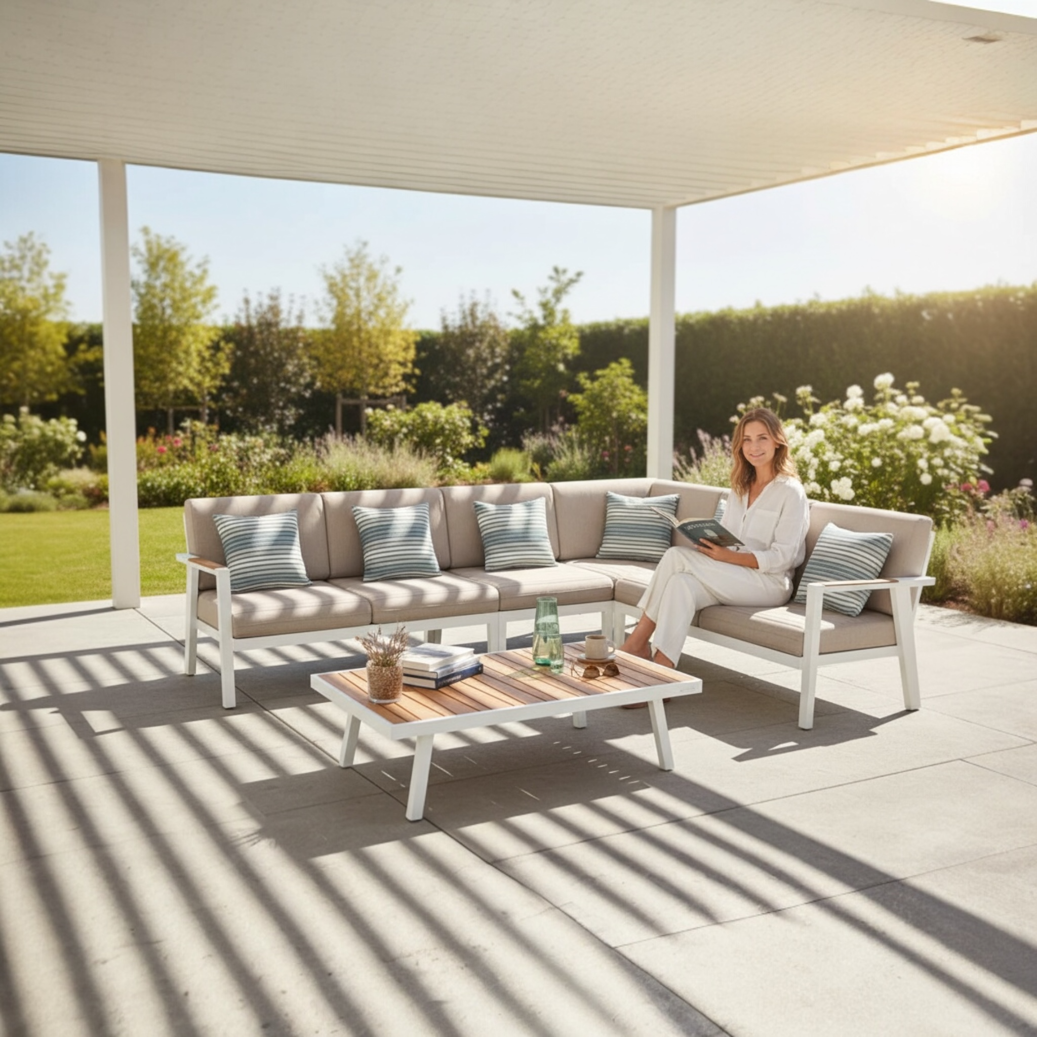 Salon de jardin d'angle en aluminium haut de gamme blanc et teck FSC, coussins en tissu oléfine beige avec housse déperlante.