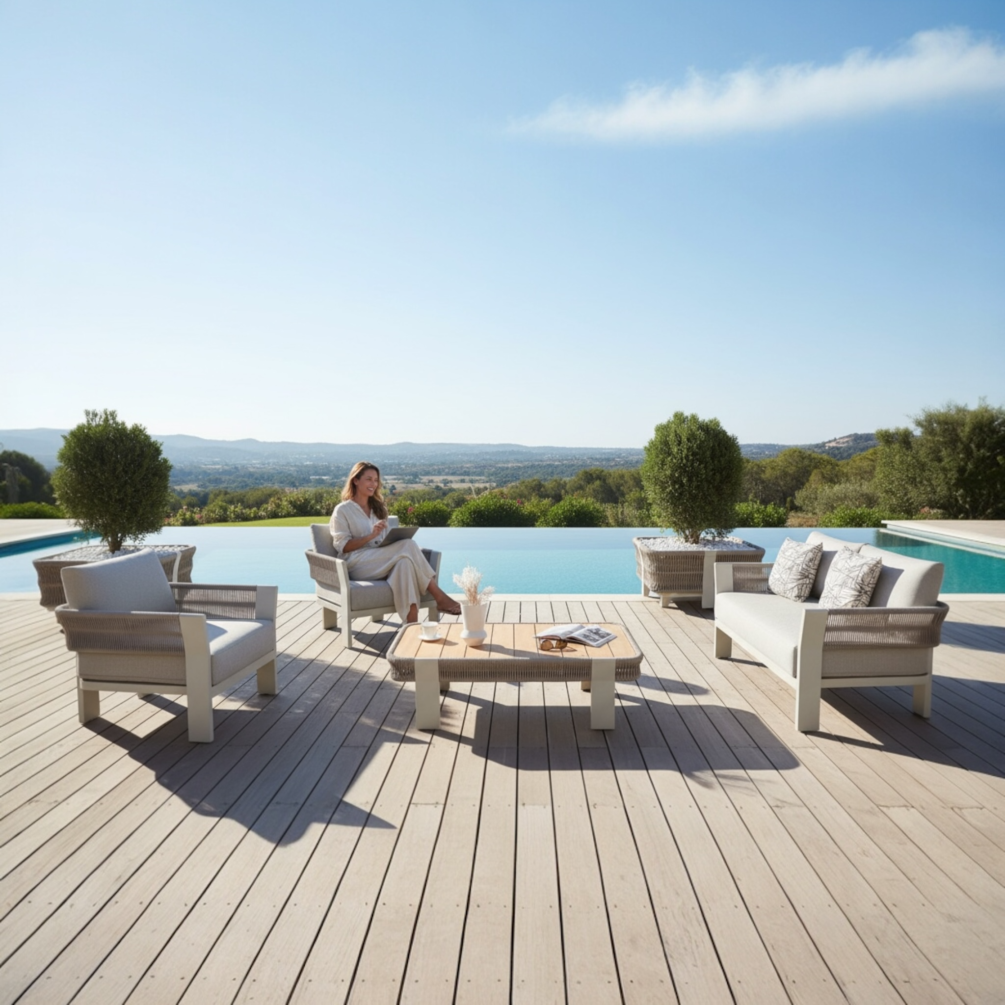 Canapé de jardin 4 places en aluminium avec corde tressée beige, coussins déhoussables déperlants et table basse en teck FSC.