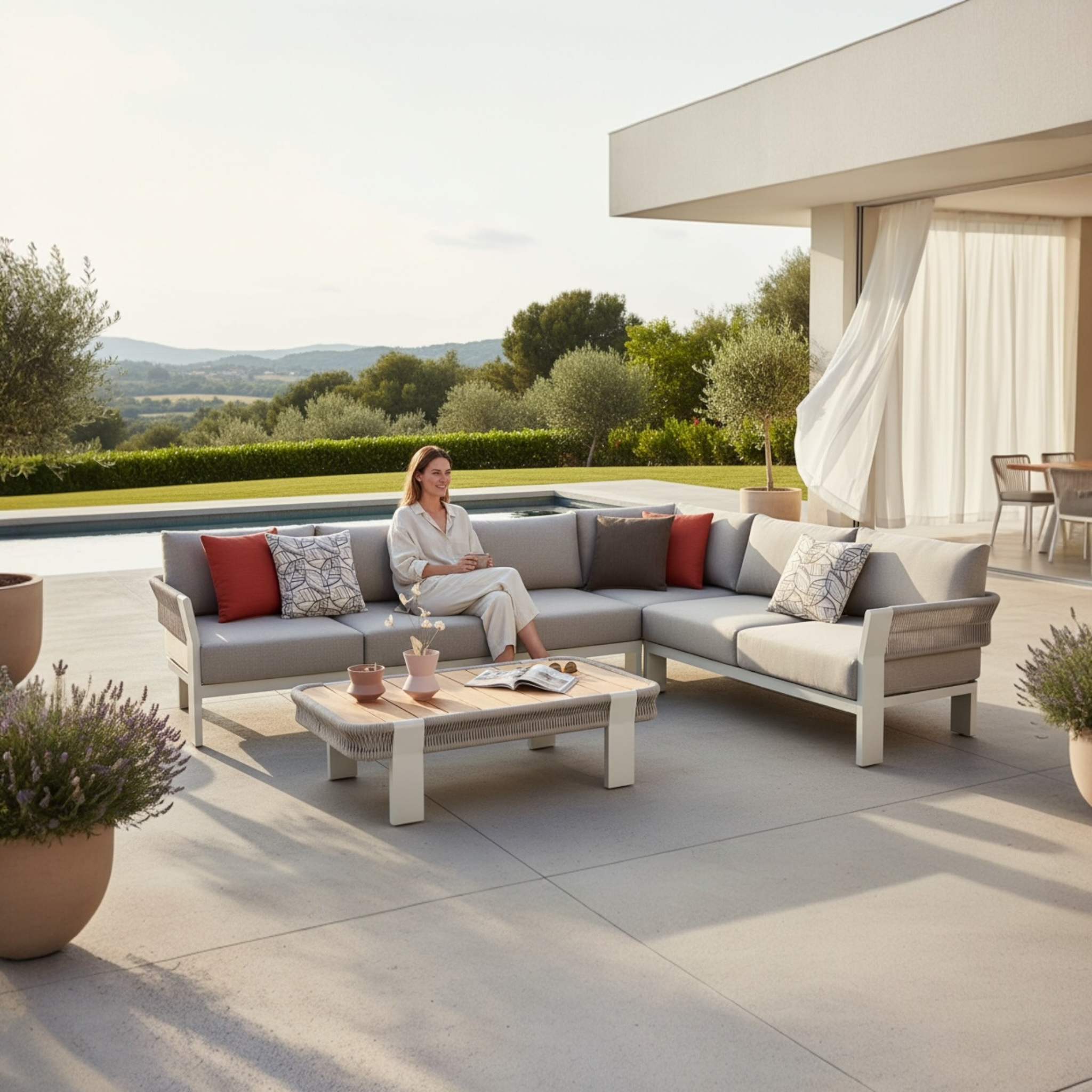 Canapé d'angle extérieur moderne en aluminium avec corde tressée beige, structure en teck FSC, coussins déhoussables.