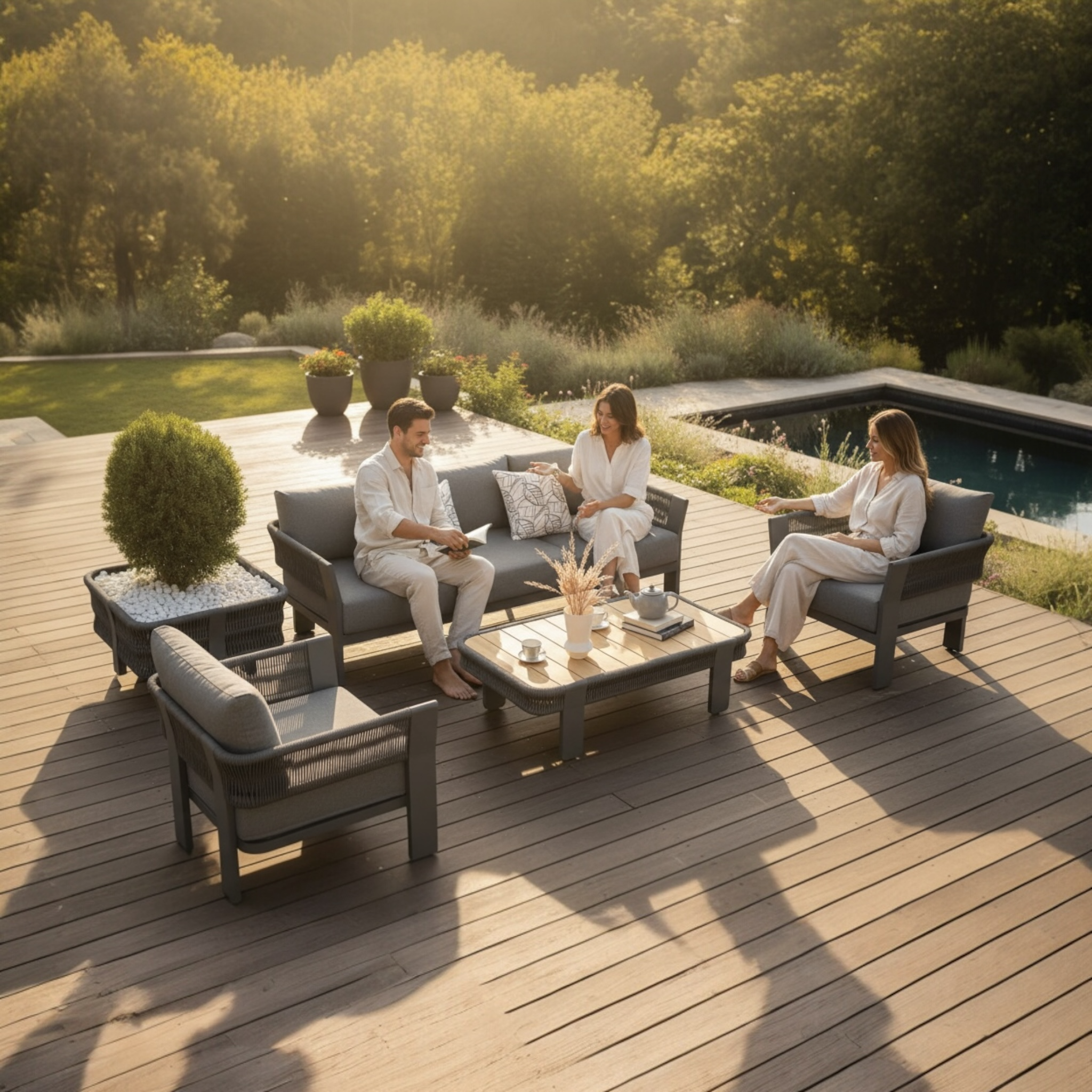 Salon de jardin moderne 5 places en aluminium noir et corde tressée, table et fauteuils avec accoudoirs en teck FSC.