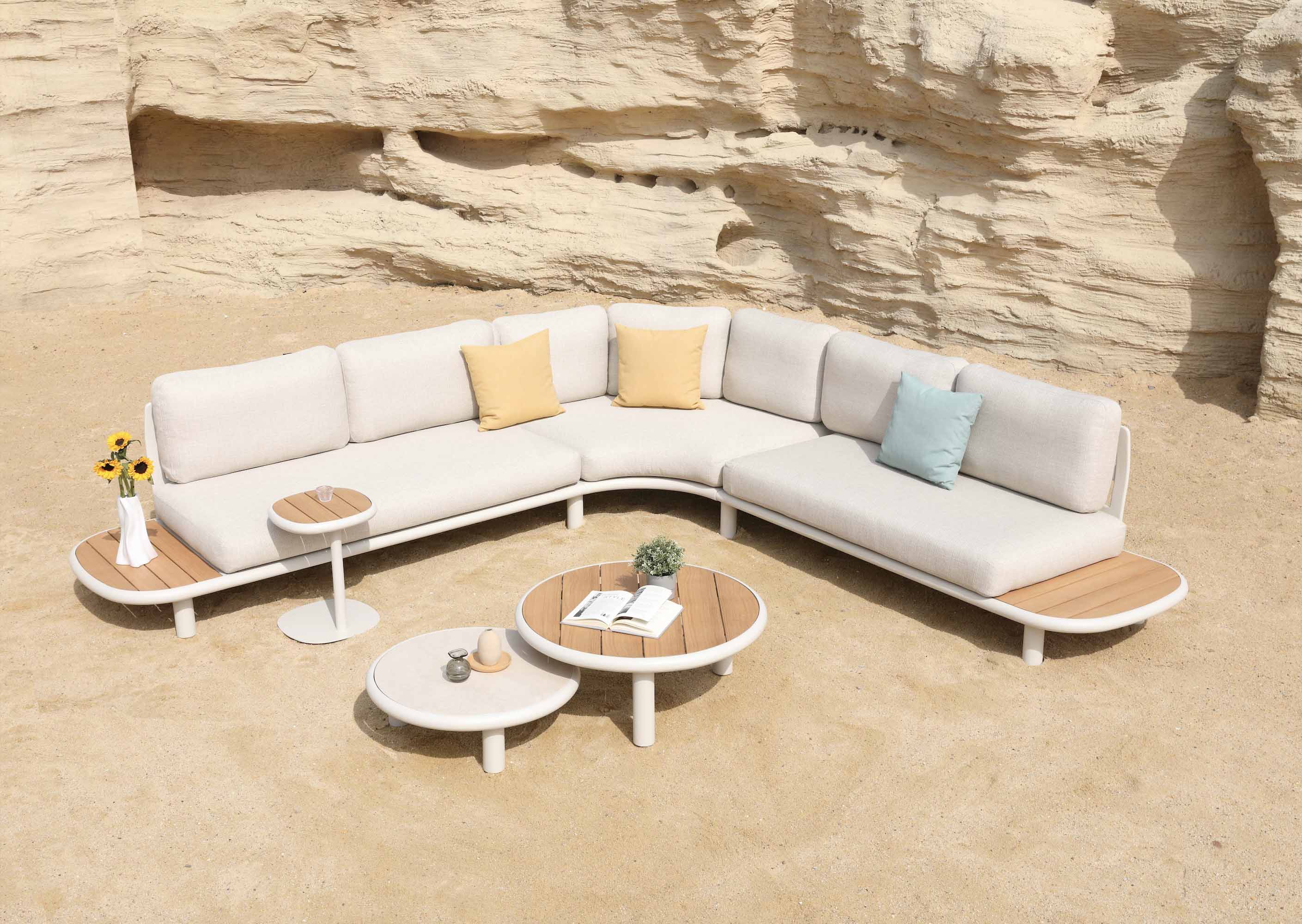 Salon de jardin d'angle haut de gamme en aluminium et teck - SANKA