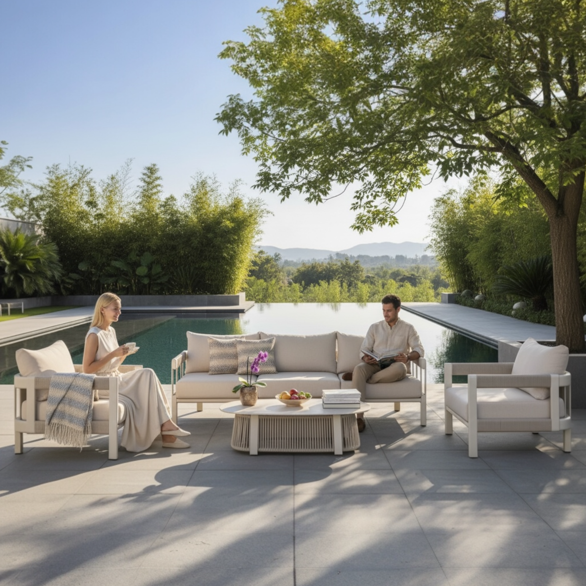 Salon bas de jardin en aluminium et corde Milan beige
