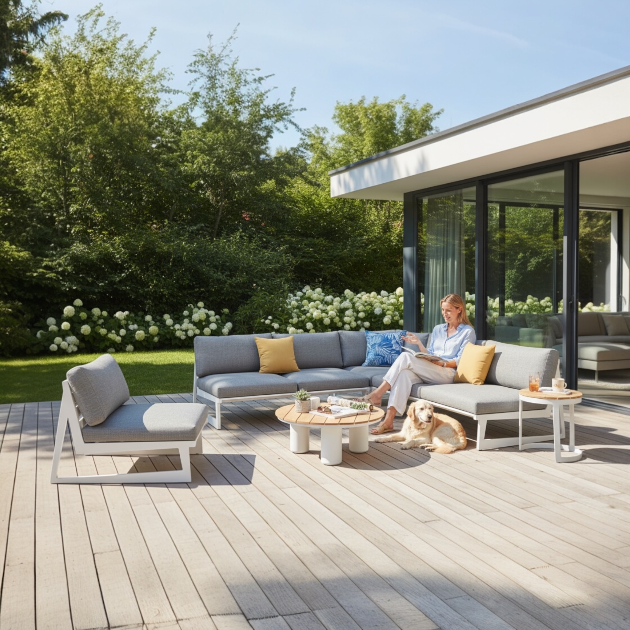 Salon de jardin d’angle LEO en aluminium gris anthracite avec coussins gris