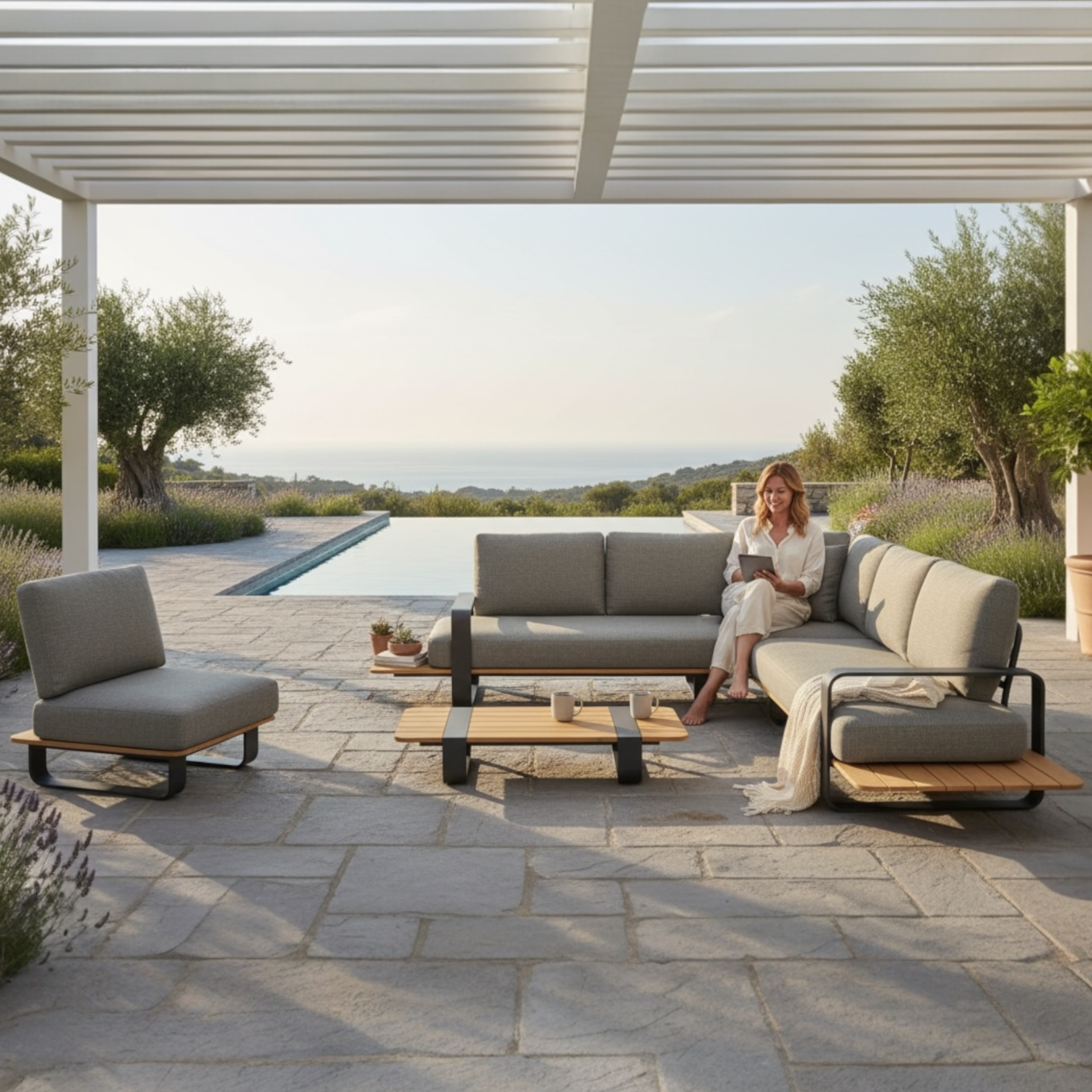 Canapé ROMEO en aluminium gris anthracite, détail du design et des lignes modernes