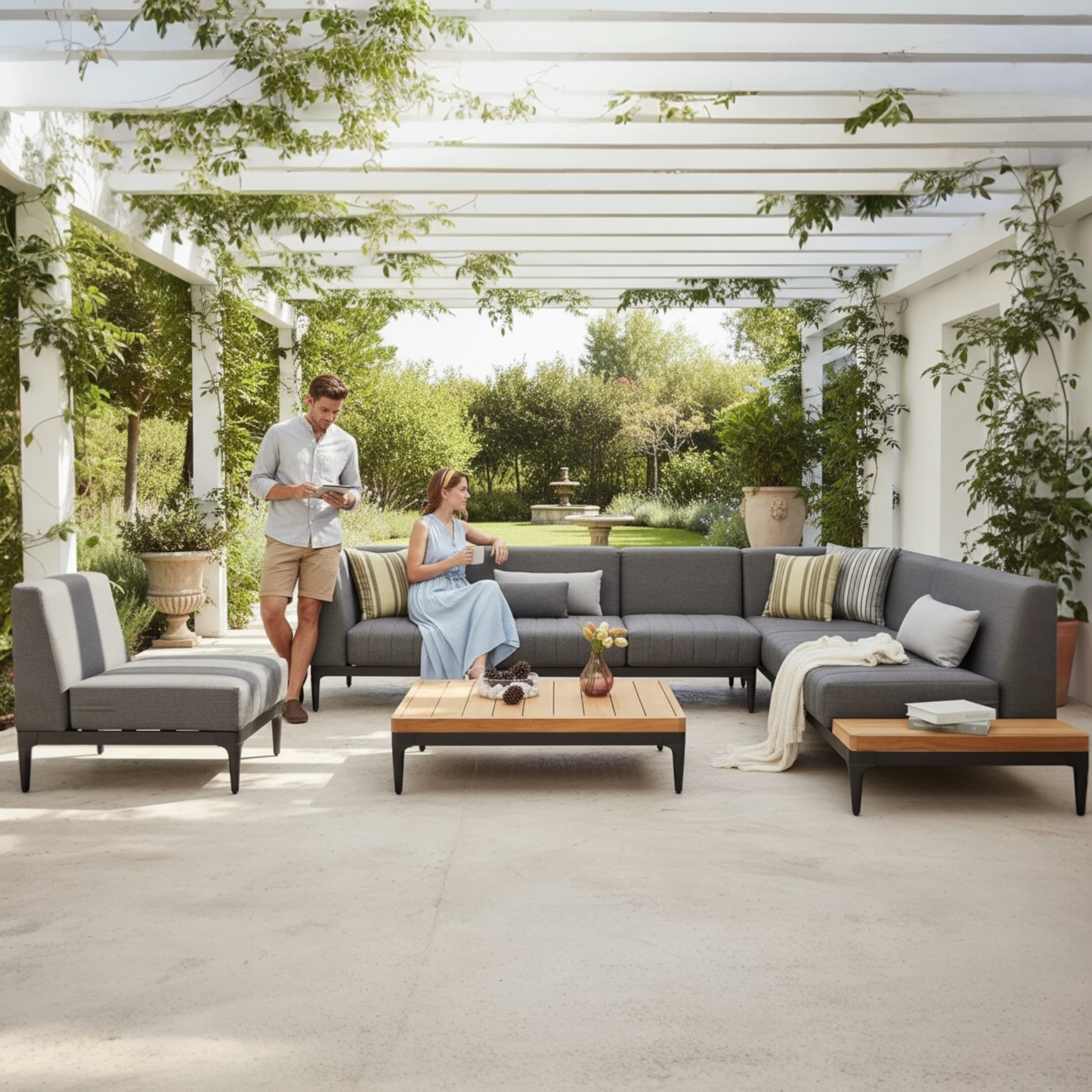 Salon de jardin d’angle SIRA en aluminium gris et teck, ensemble haut de gamme