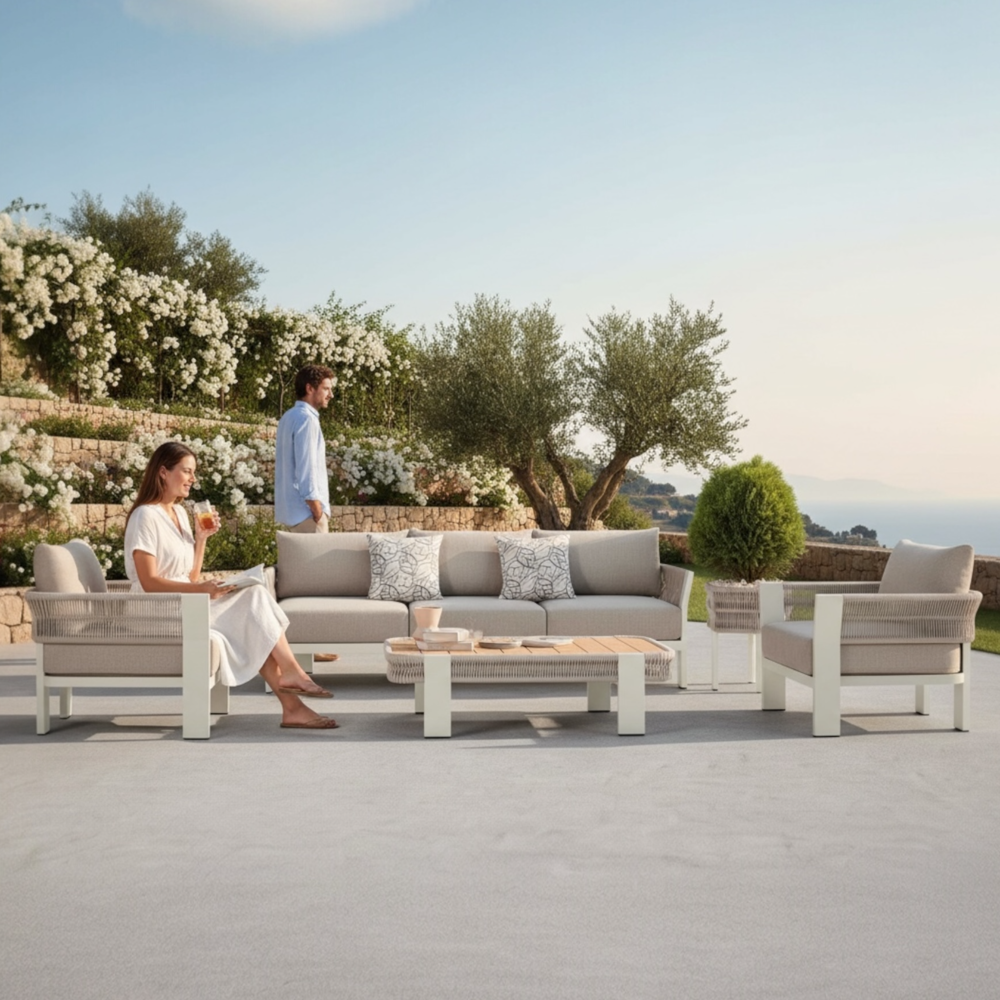 Salon de jardin OLBY en aluminium beige et corde tressée, ensemble 5 places