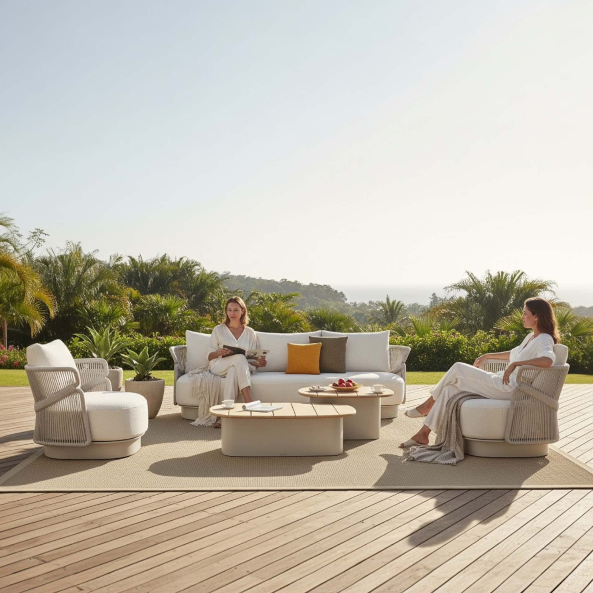 Mobilier de jardin design en aluminium et corde tressée beige