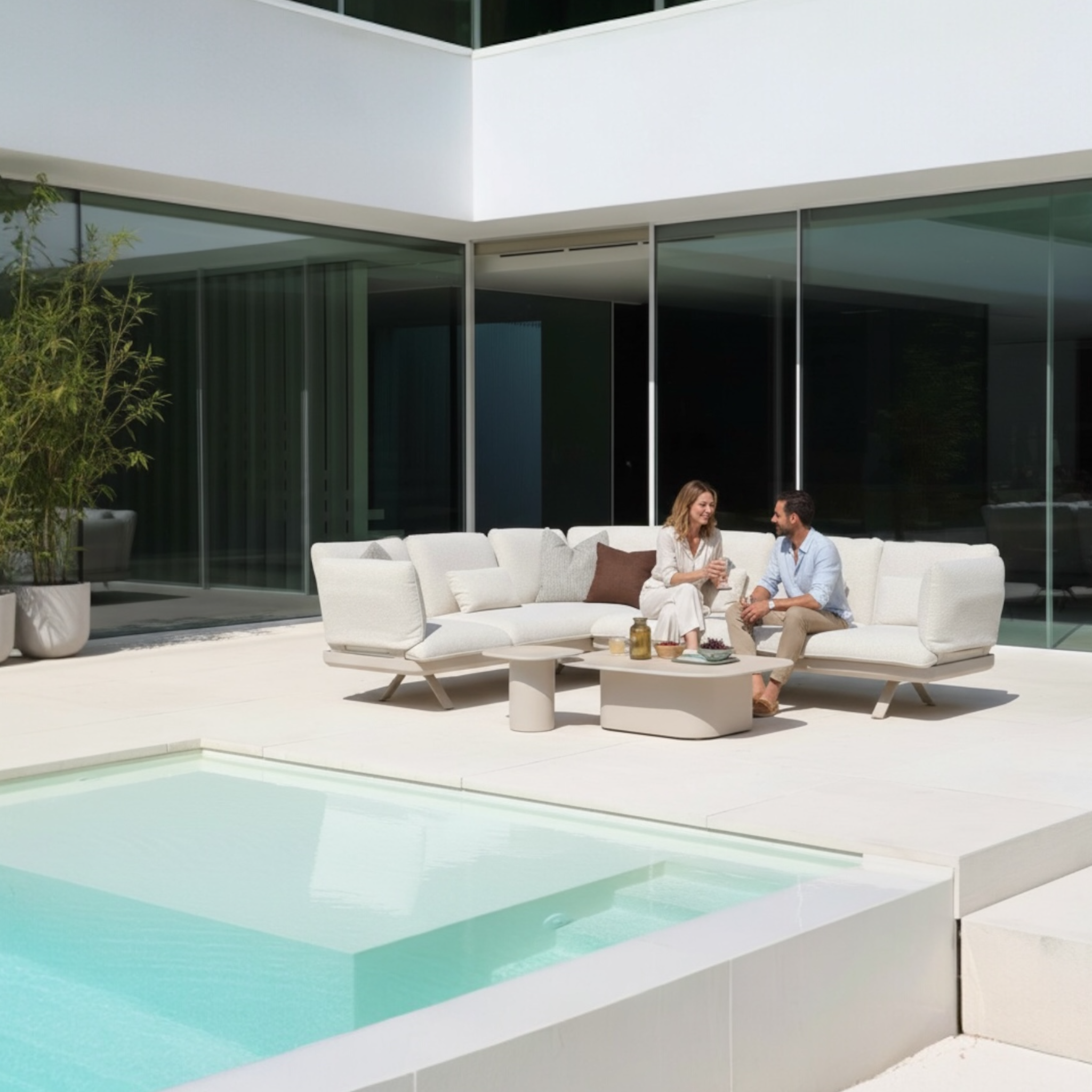 Salon de jardin modulable CAMILLE en aluminium beige avec coussins assortis