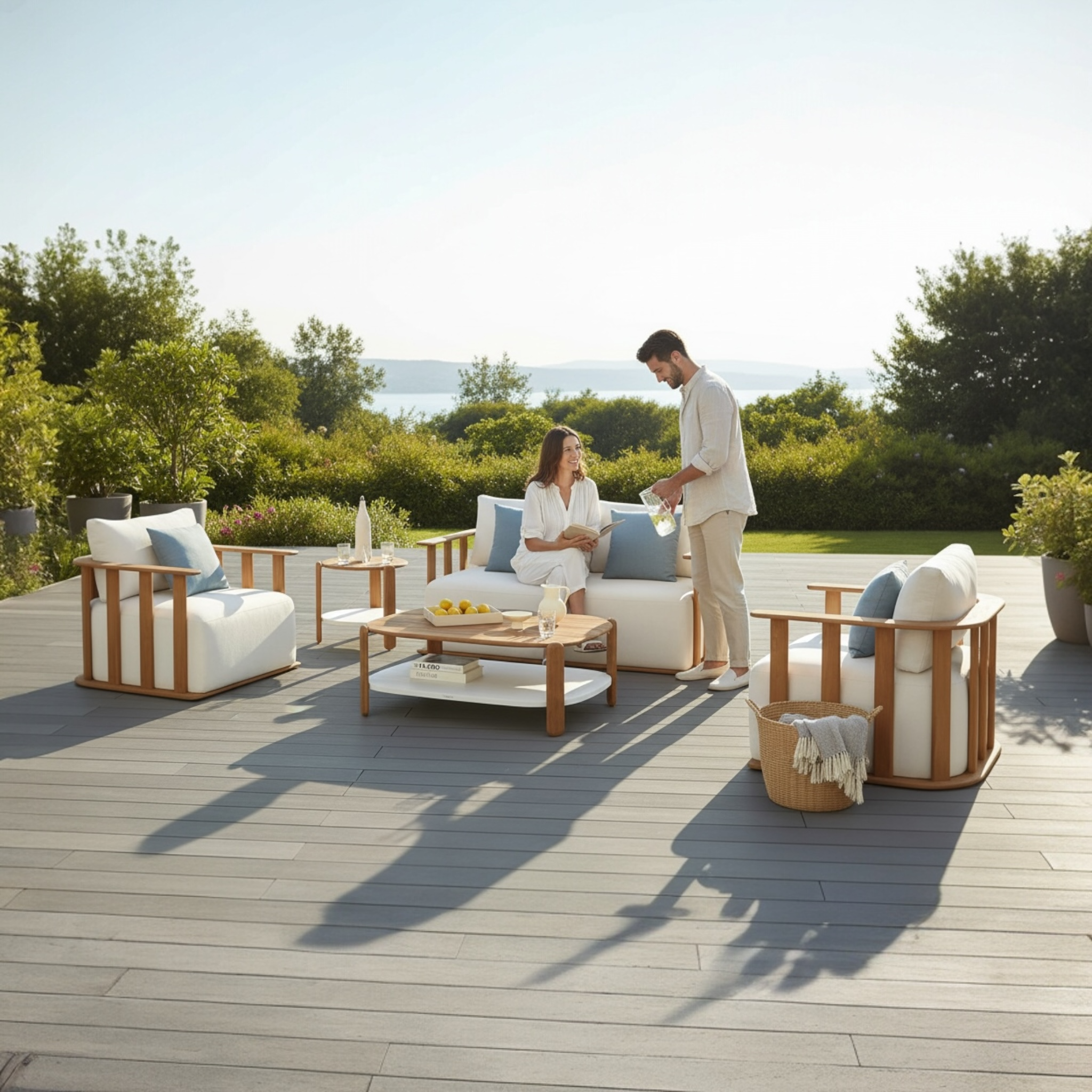 Salon de jardin haut de gamme en teck FSC massif couleur naturelle, design italien élégant avec coussins en tissu acrylique.