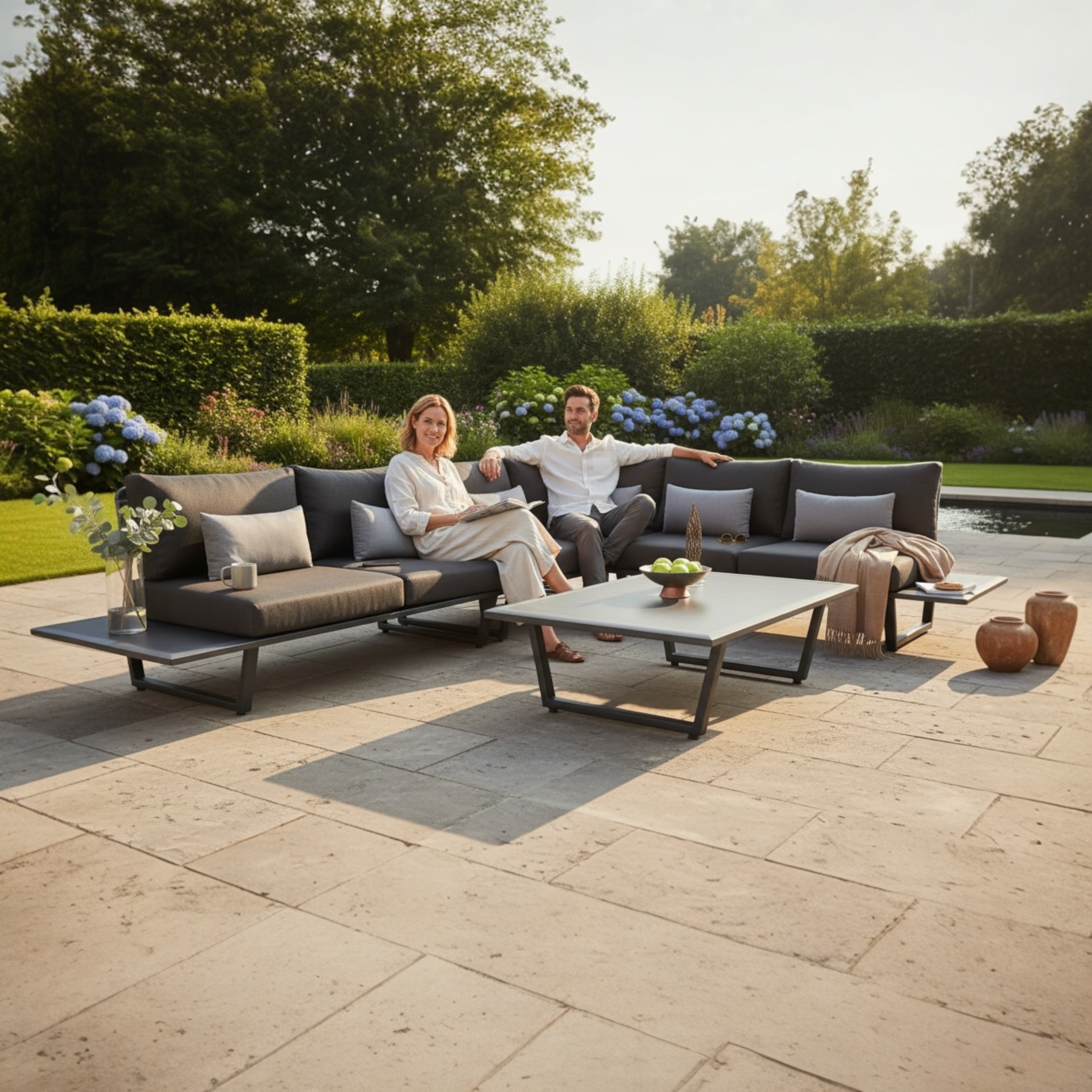 Salon de jardin SOPHIA en aluminium gris et corde tressée, ensemble complet 6 places