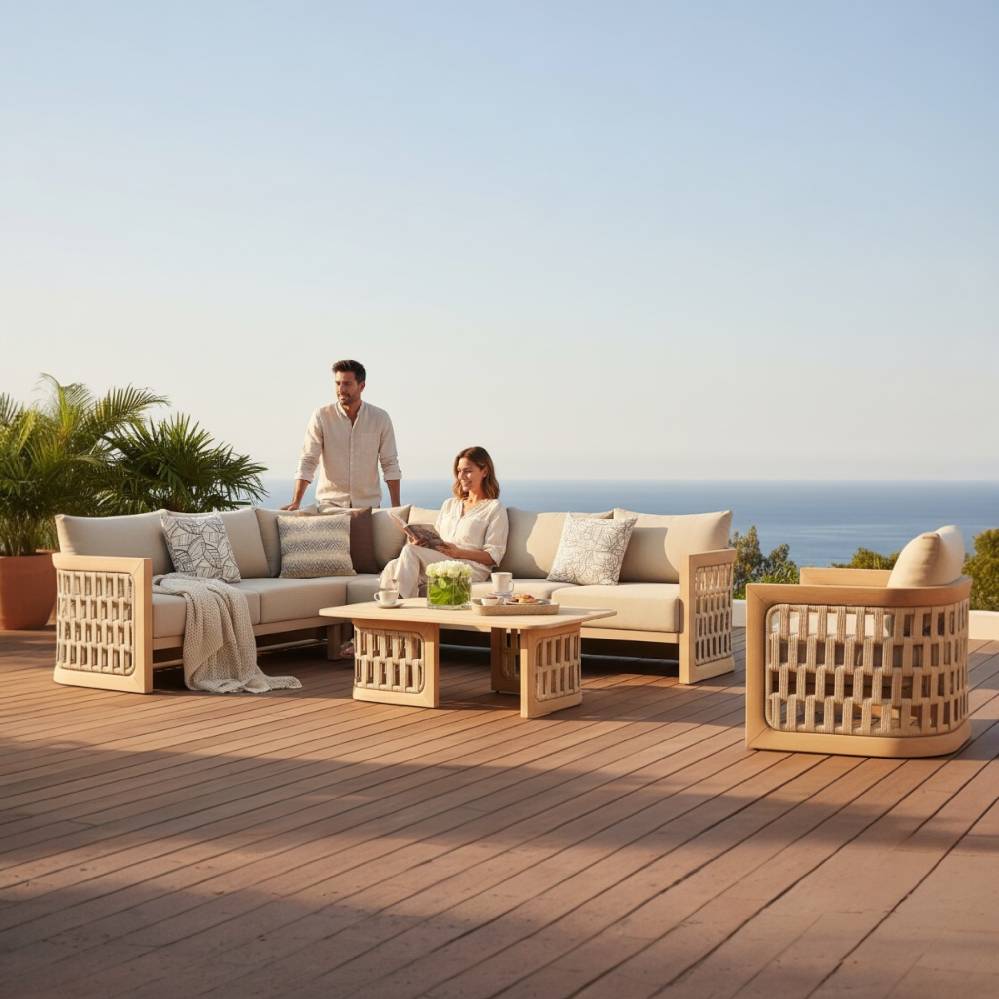 Détail du salon PALMA en teck FSC et corde tressée beige.